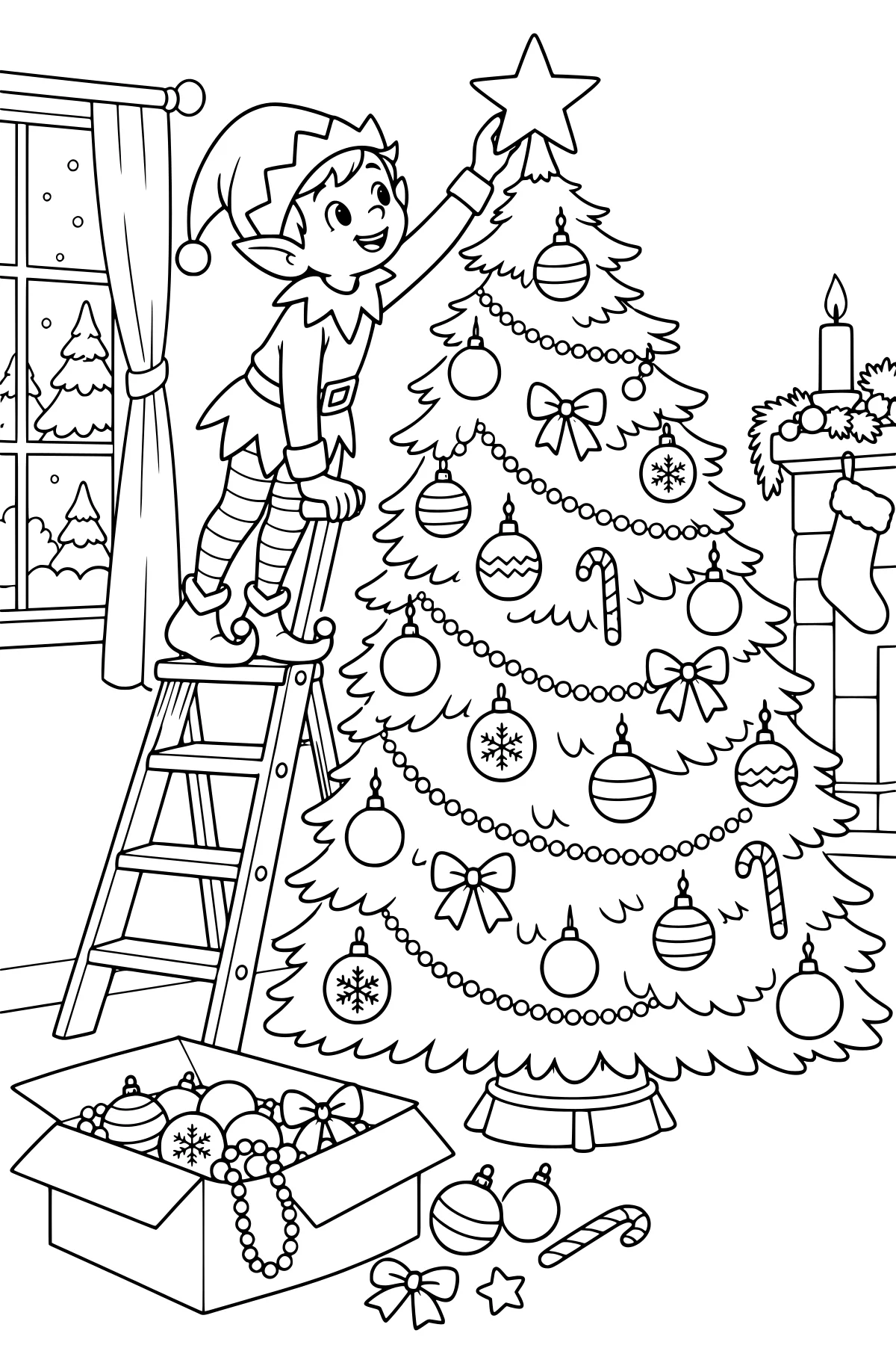 Elf on a ladder reaching toward a star-topped Christmas tree decorated with baubles, bows, candy canes, and bead garlands beside a fireplace and window.