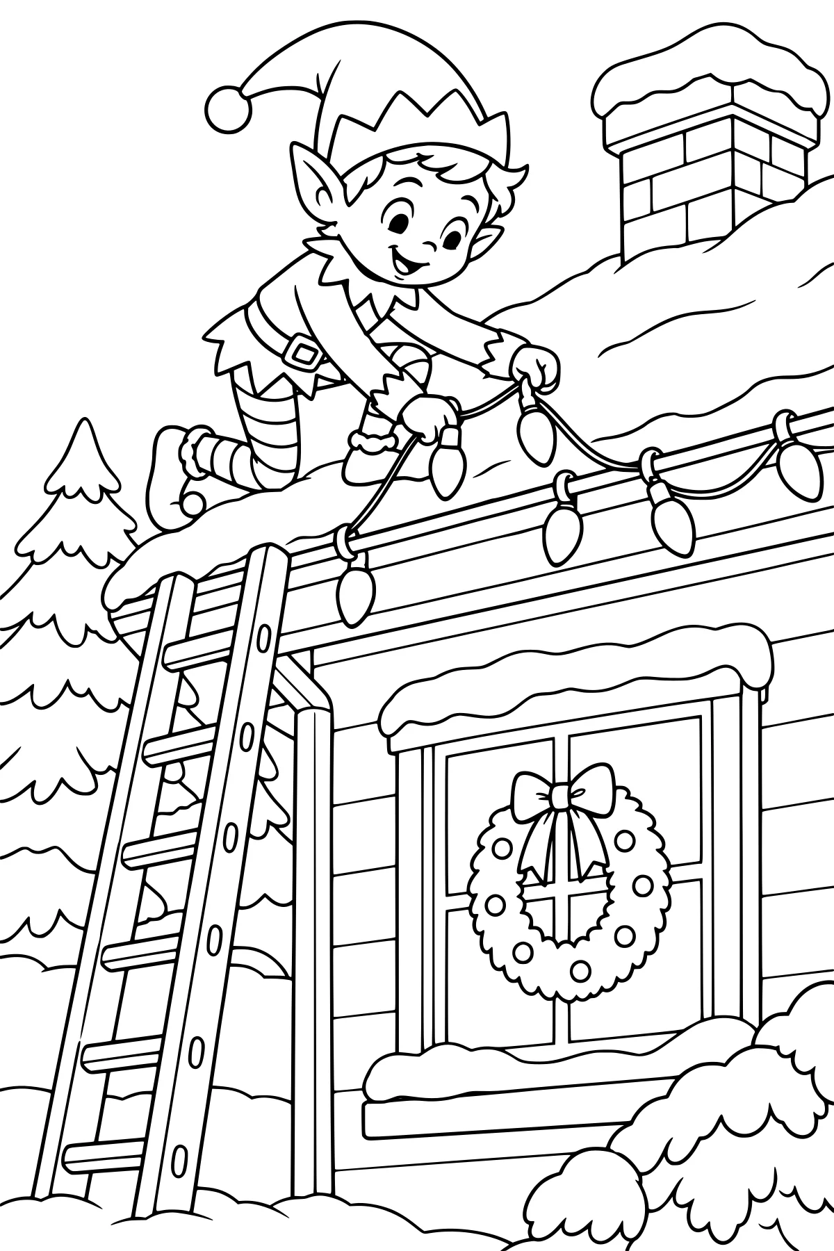Elf kneeling on a snowy roof and arranging hanging lights above a ladder, wreath-trimmed window, chimney, and evergreen trees.