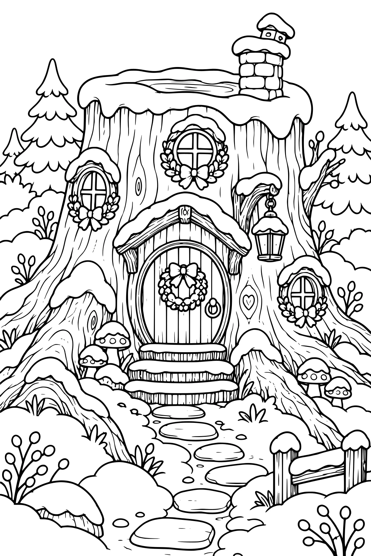 Snow-covered tree stump house with an arched wreath-covered door, round windows, hanging lantern, chimney, mushrooms, evergreens, and a stepping-stone path.