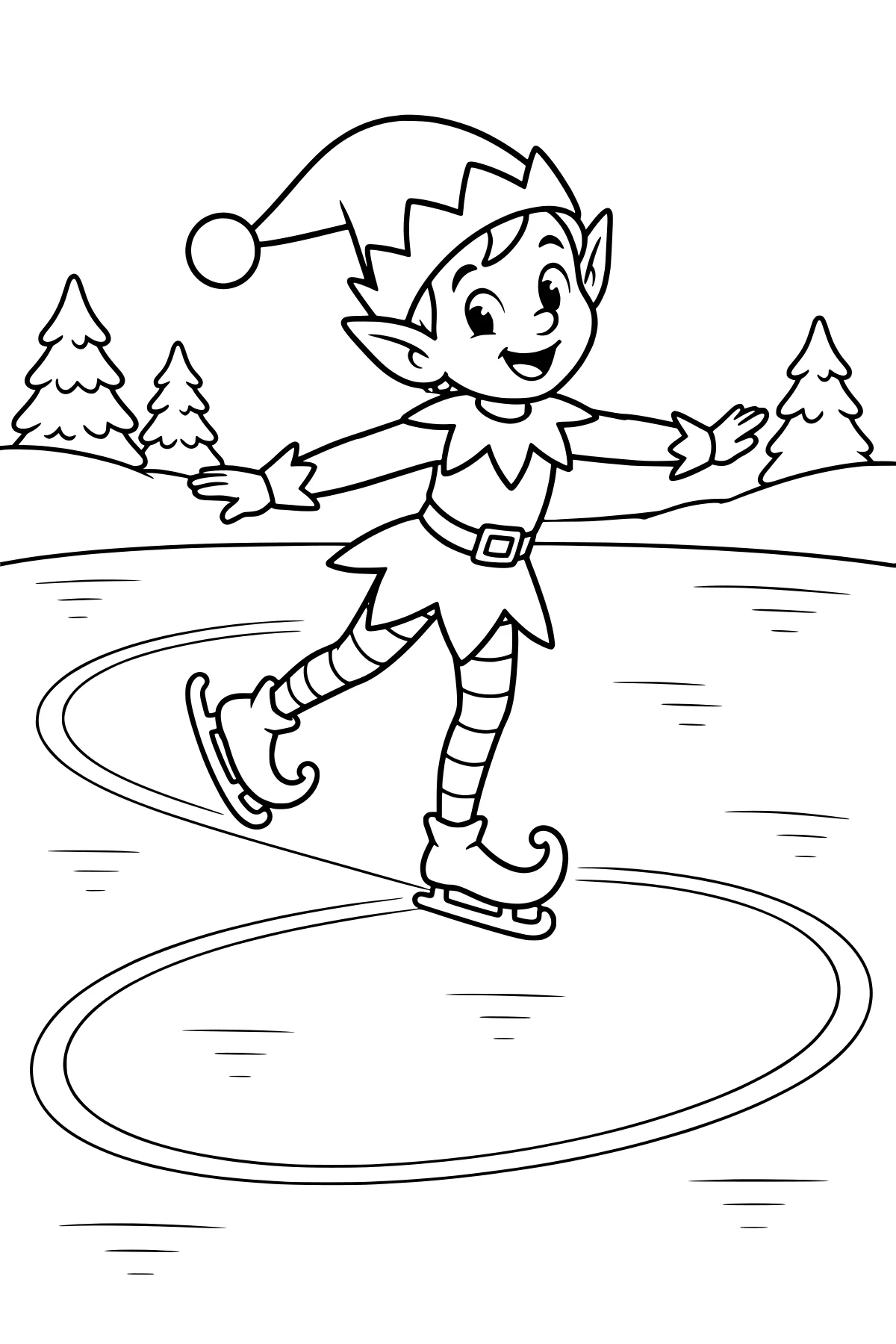 Elf gliding on an outdoor ice rink with arms extended, wearing a pointed hat, jagged tunic, striped leggings, and curled ice skates, with evergreen trees in the background.