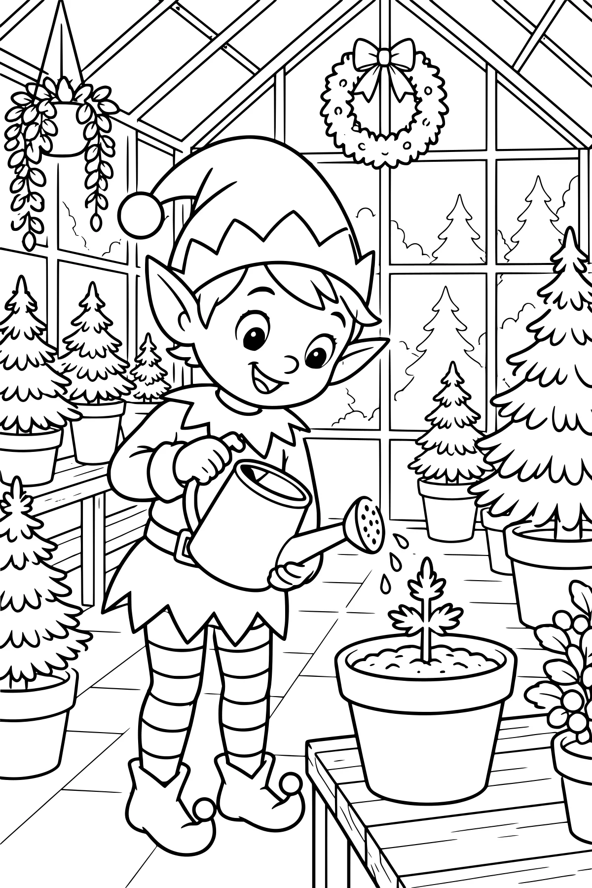 Elf holding a watering can over a potted seedling, surrounded by evergreen trees inside a greenhouse with a hanging wreath and plant.
