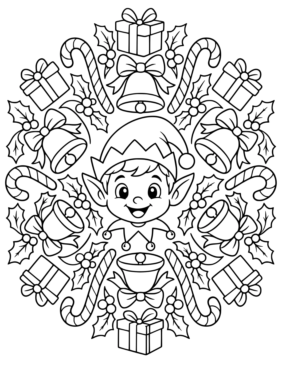 Central elf in a pointed hat surrounded by a circular arrangement of bells, candy canes, wrapped gifts, bows, holly leaves, and berries.