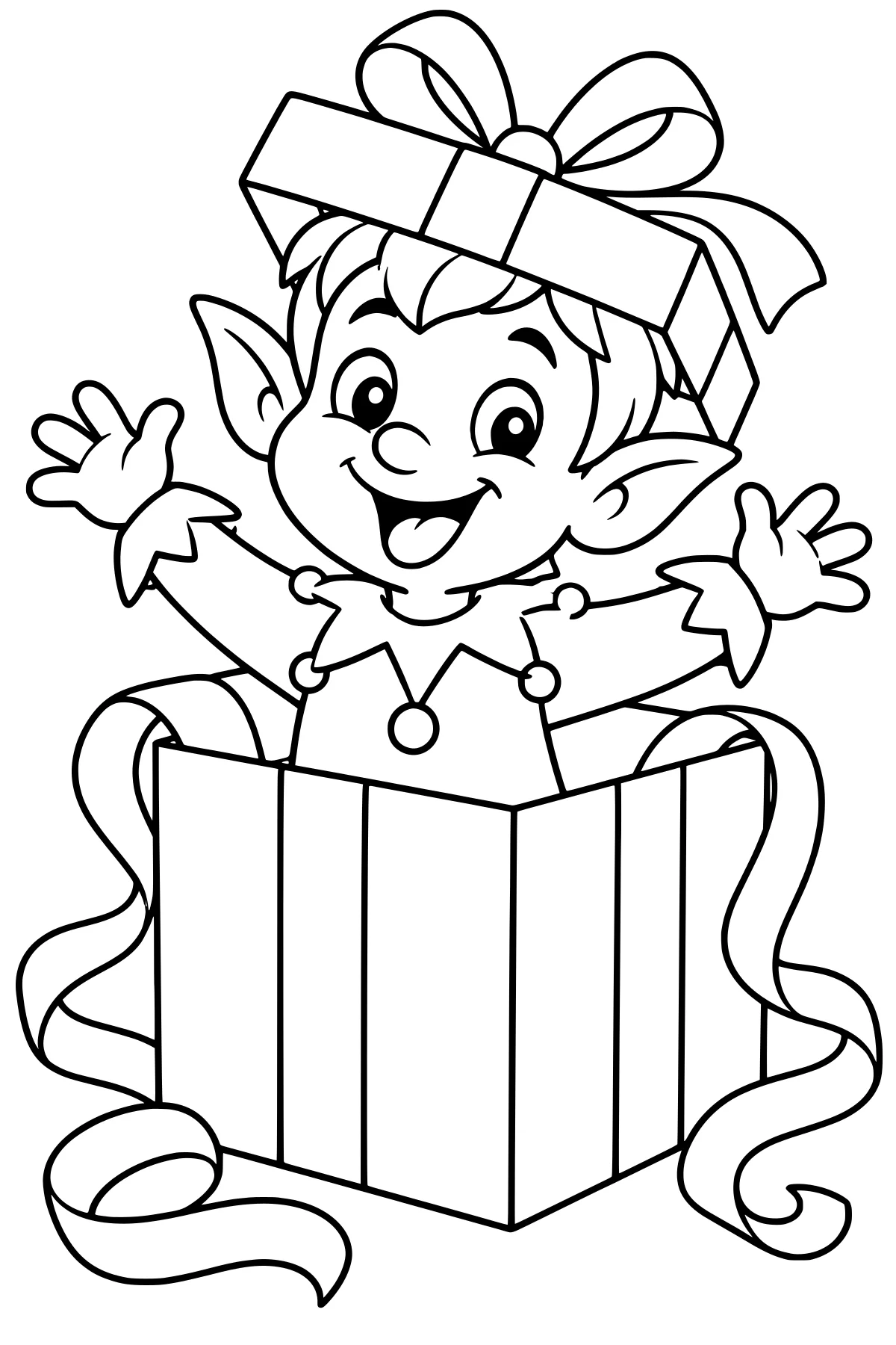 Elf popping from an open gift box with raised hands, pointed ears, a bow-topped lid, and curling ribbons.