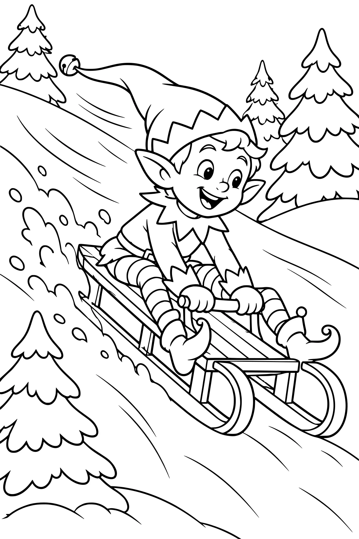 Elf riding a wooden sled down a snowy hill among evergreen trees, with snow spraying behind the runners.