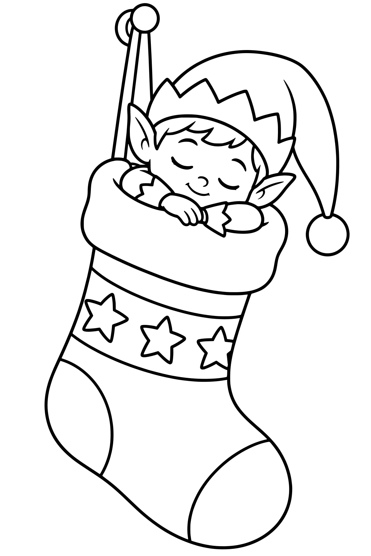 Sleeping elf with closed eyes and pointed ears resting arms on the cuff of a large stocking decorated with stars, wearing a floppy pom-pom hat.