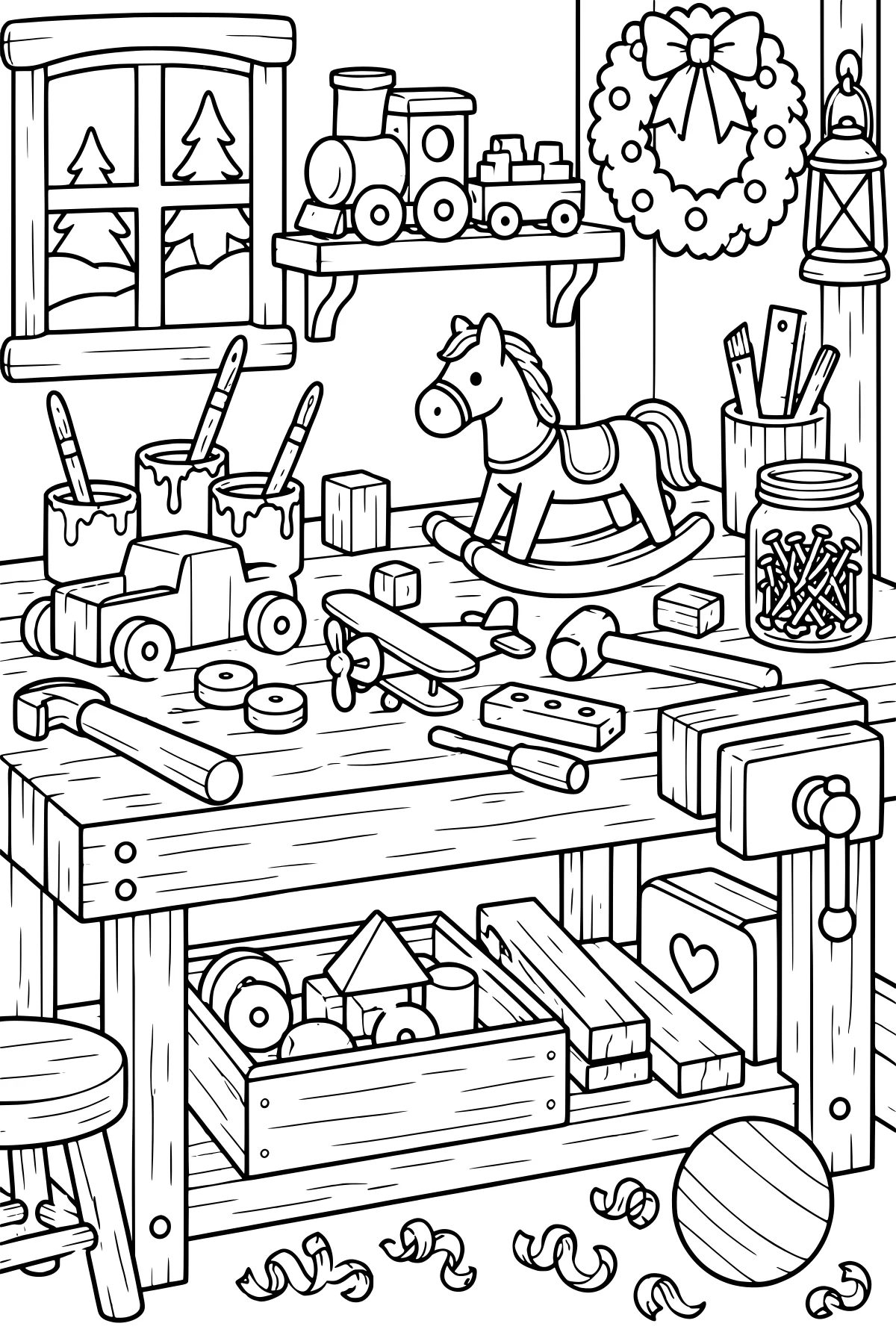 Toy workshop with a rocking horse, airplane, wooden vehicle, blocks, tools, paint cans, toy train, wreath, snowy window, and lantern
