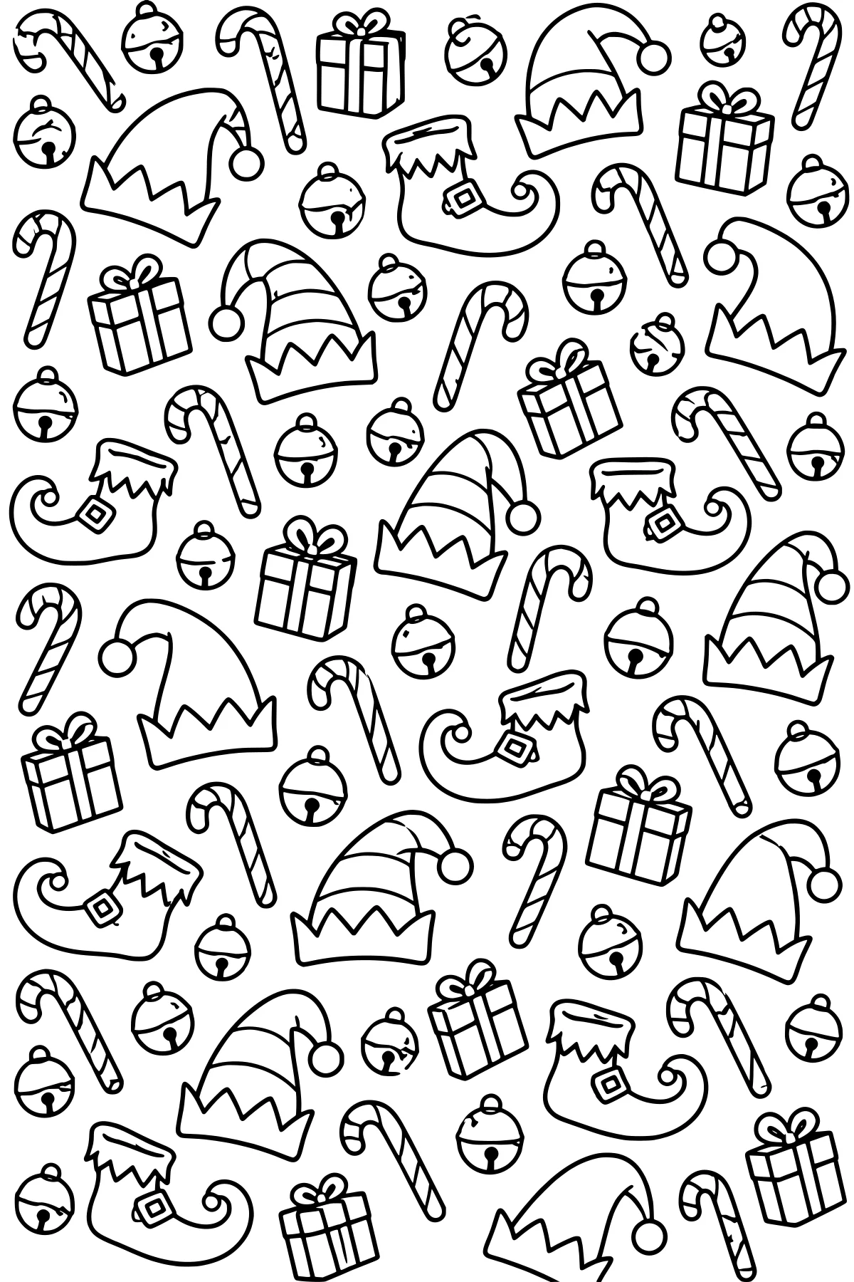 Repeating line-art pattern of pointed elf hats, curled shoes, candy canes, wrapped gifts, and round jingle bells.