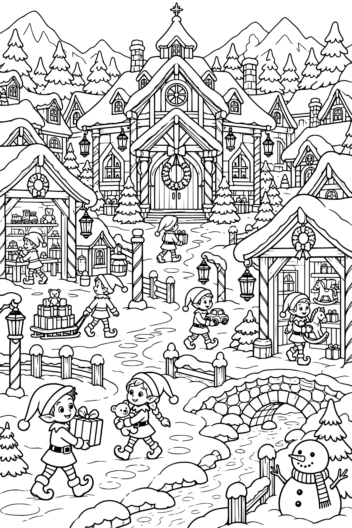 Elves carrying gifts and toys through a snowy village with workshops, wreaths, lanterns, evergreen trees, a stone bridge, a stream, and a snowman