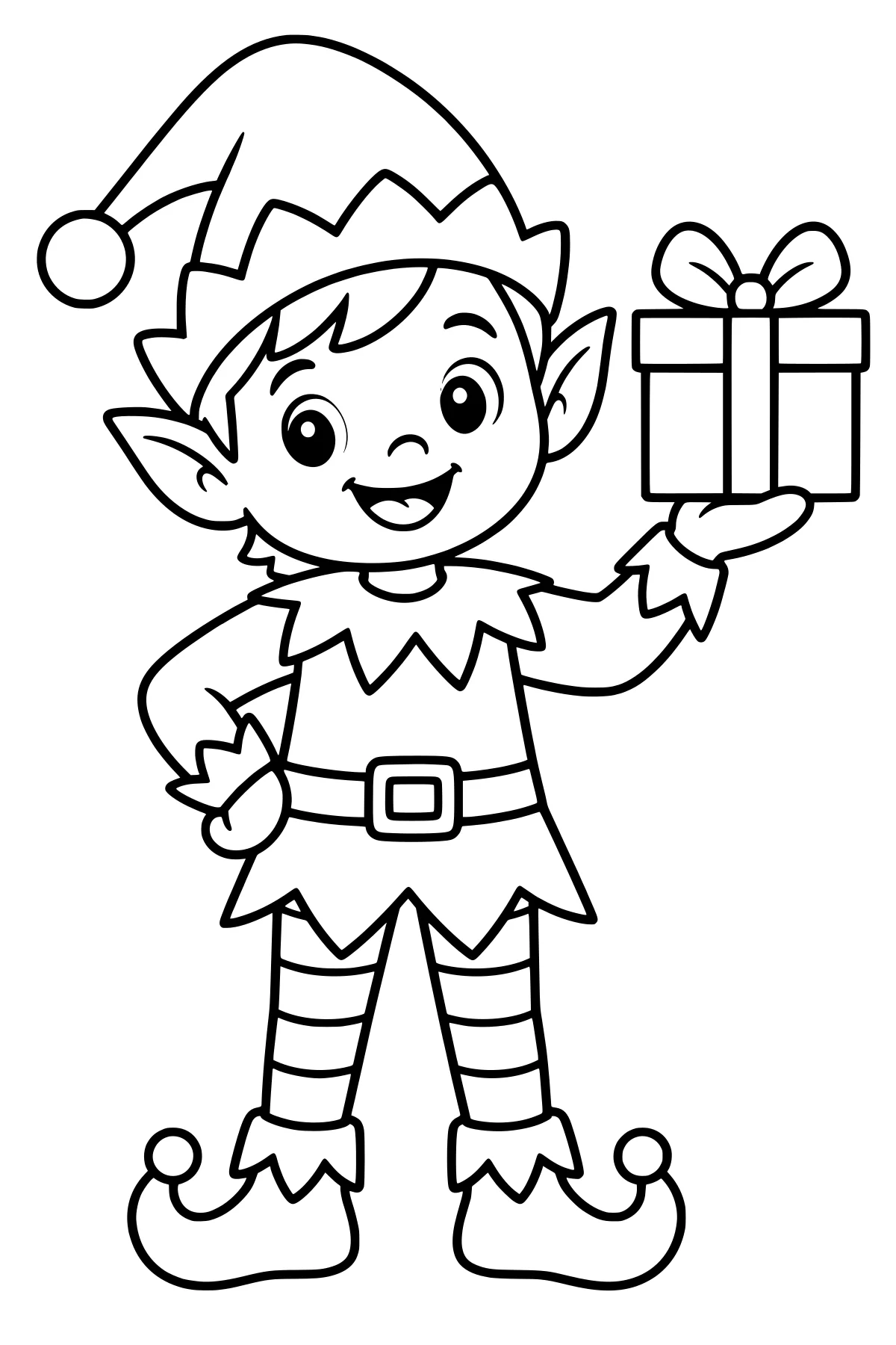 Smiling elf in a pointed hat, striped leggings, and curled shoes holding a ribbon-tied gift on one hand.