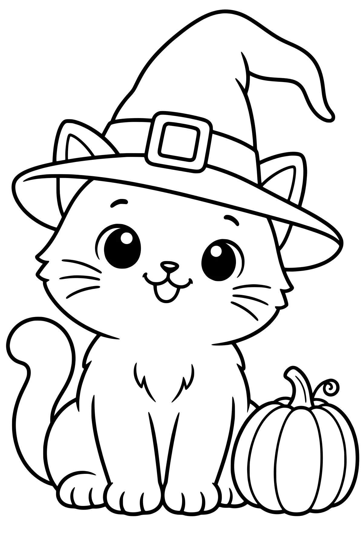 Black-and-white line art of a large-eyed cat wearing a floppy witch hat, seated beside a round pumpkin with a curled vine.