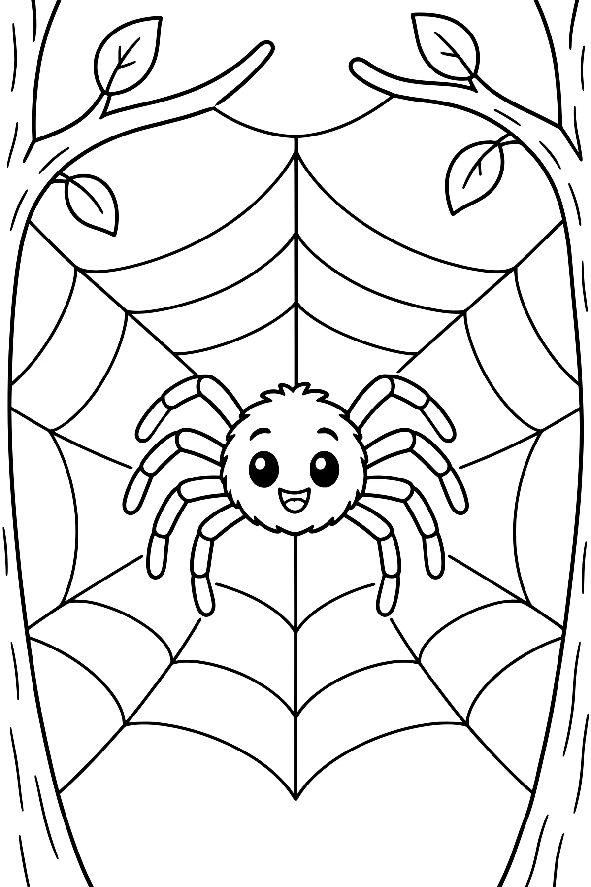 Round spider with large eyes and segmented legs resting on a wide web between tree trunks and leafy branches.