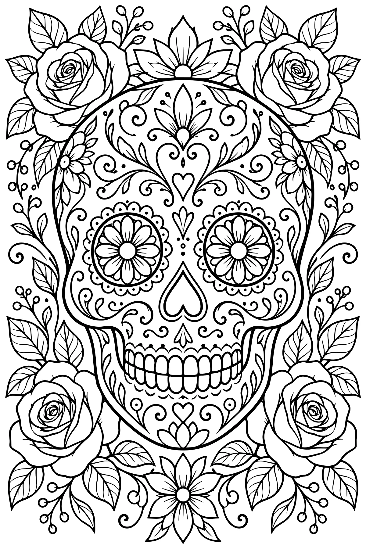 Ornate skull with flower-shaped eye designs, curling filigree, dots, and petal motifs, framed by large roses, leaves, buds, and blossoms.