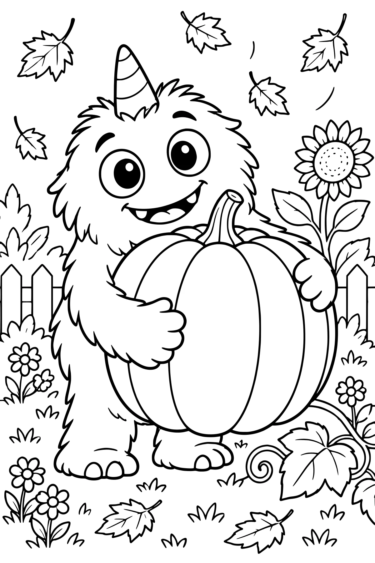 Shaggy monster embracing a large pumpkin in a garden with a picket fence, sunflower, small flowers, curling vine, grass, and falling leaves.