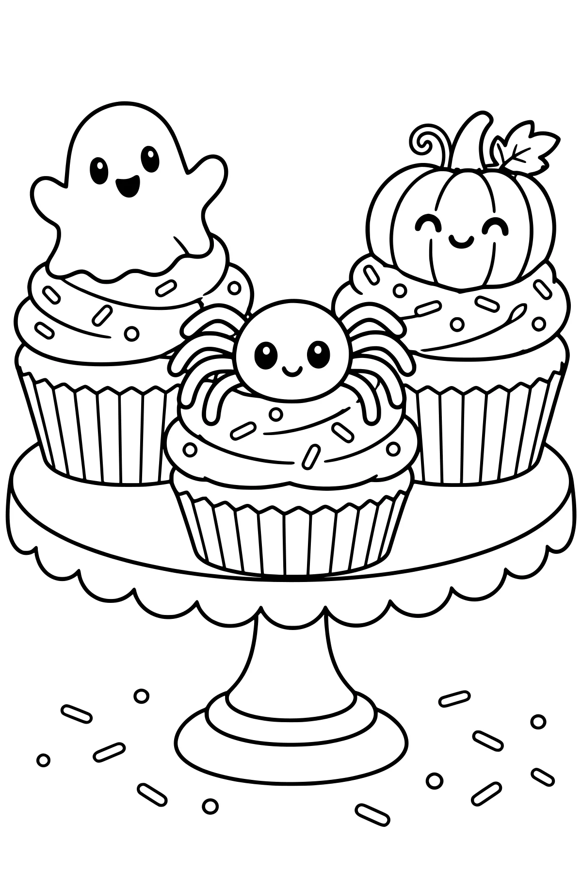 Three decorated cupcakes on a scalloped pedestal stand, with ghost, spider, and pumpkin toppers, swirled frosting, striped wrappers, and scattered sprinkles.