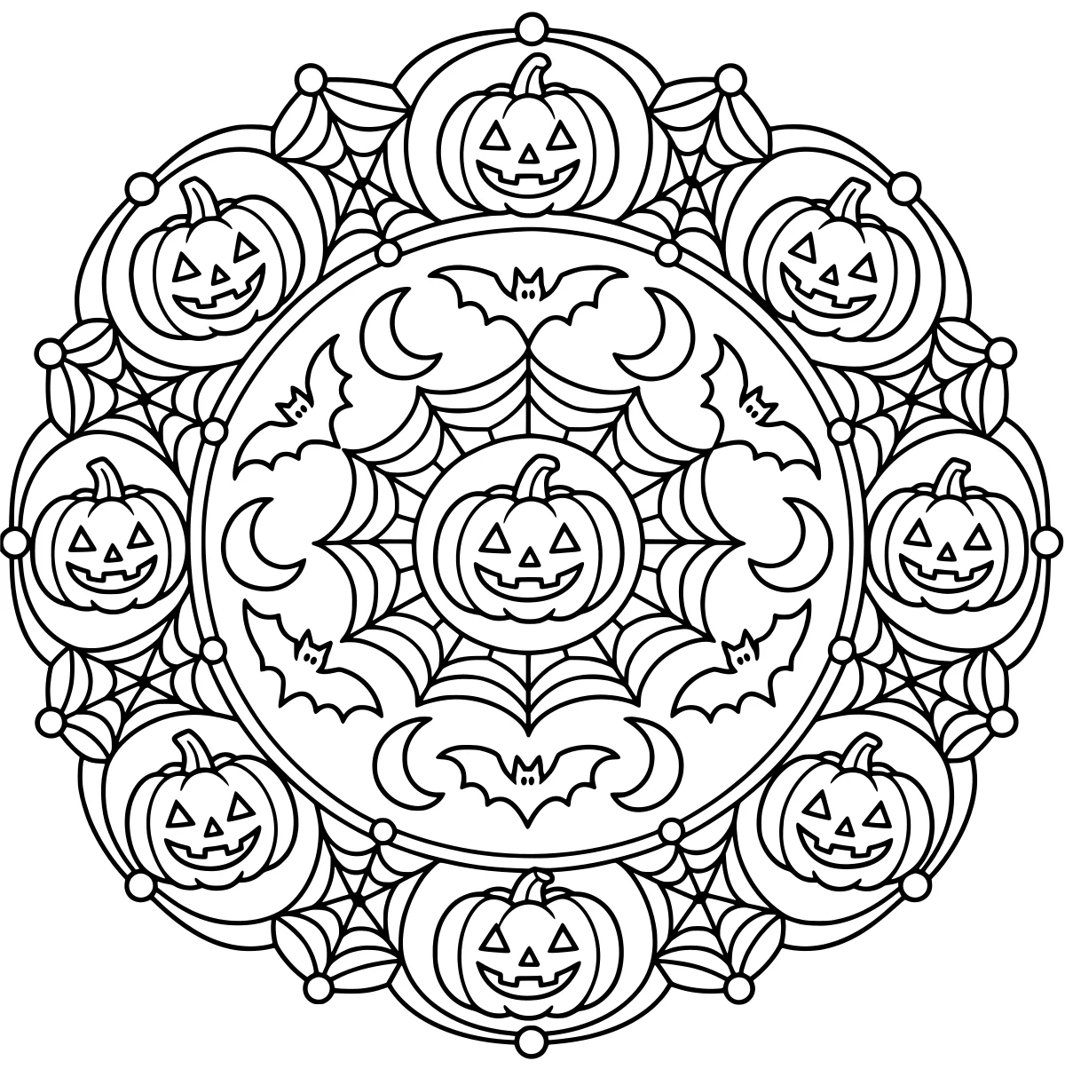 Circular Halloween mandala with carved pumpkins, flying bats, crescent moons, curved shapes, and layered spiderweb patterns.