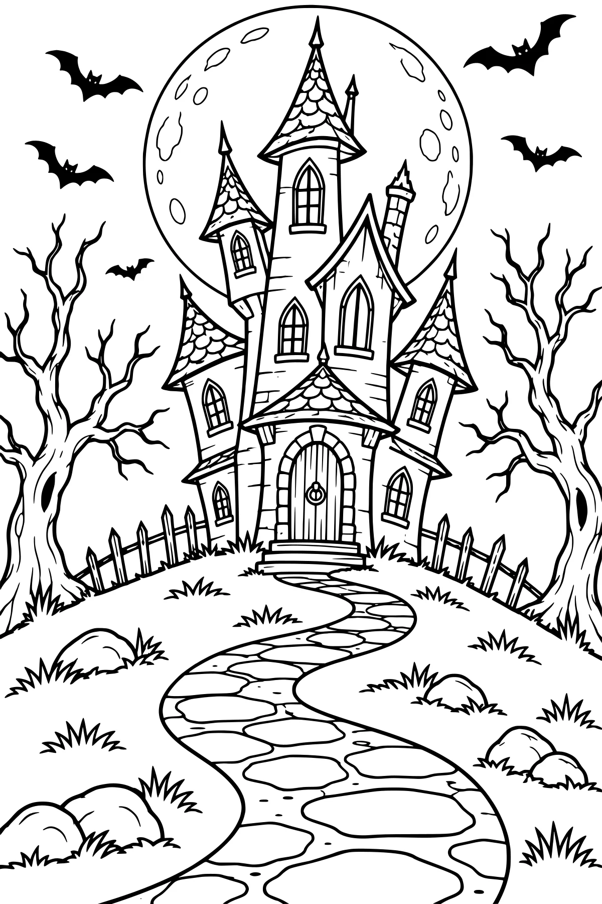 Crooked haunted house with pointed towers beneath a full moon, with bats, bare trees, a winding stone path, rocks, grass, and a leaning fence.