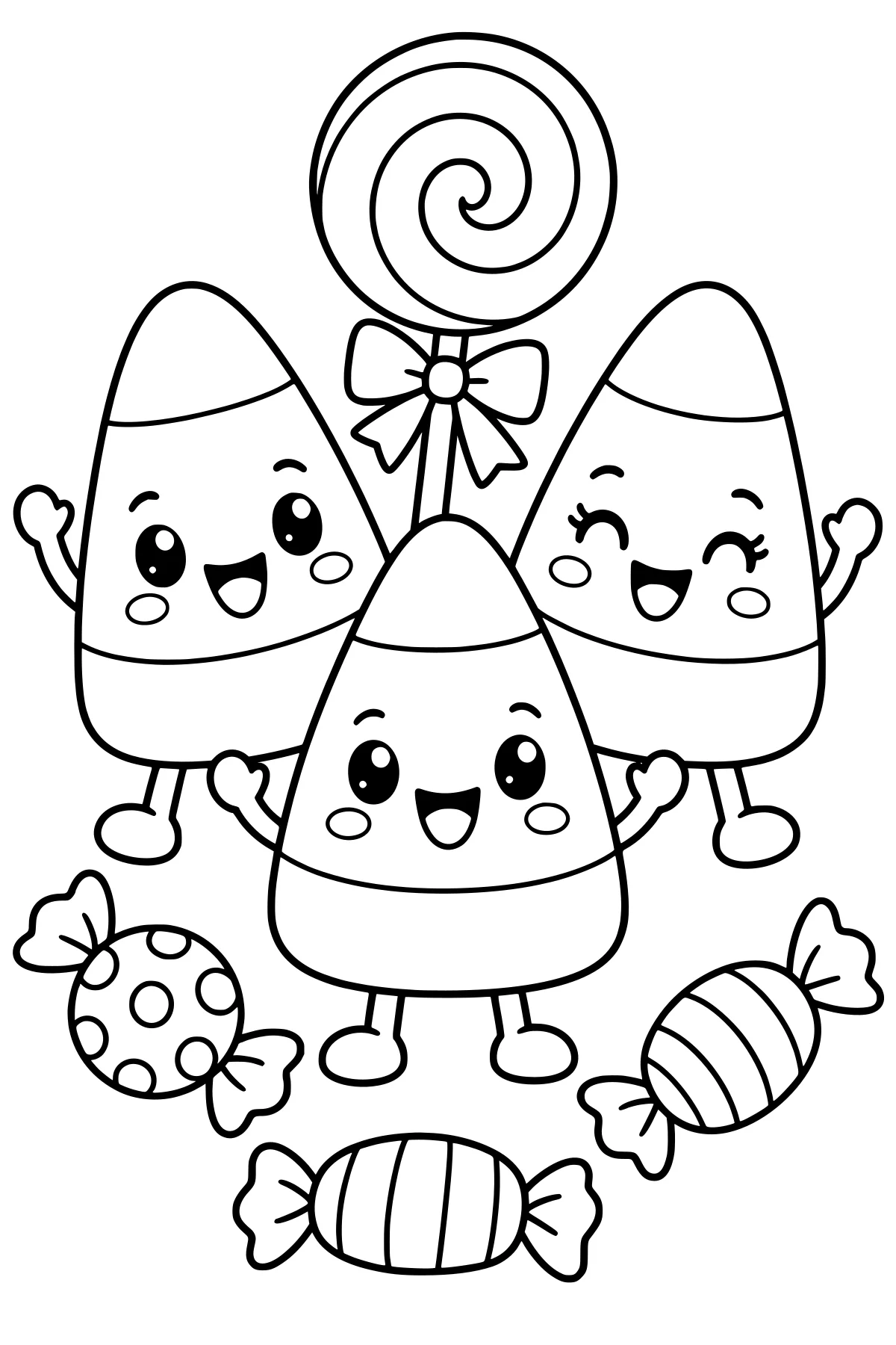 Smiling candy corn characters with raised arms gathered beneath a swirled lollipop and bow, surrounded by striped and polka-dot wrapped sweets.