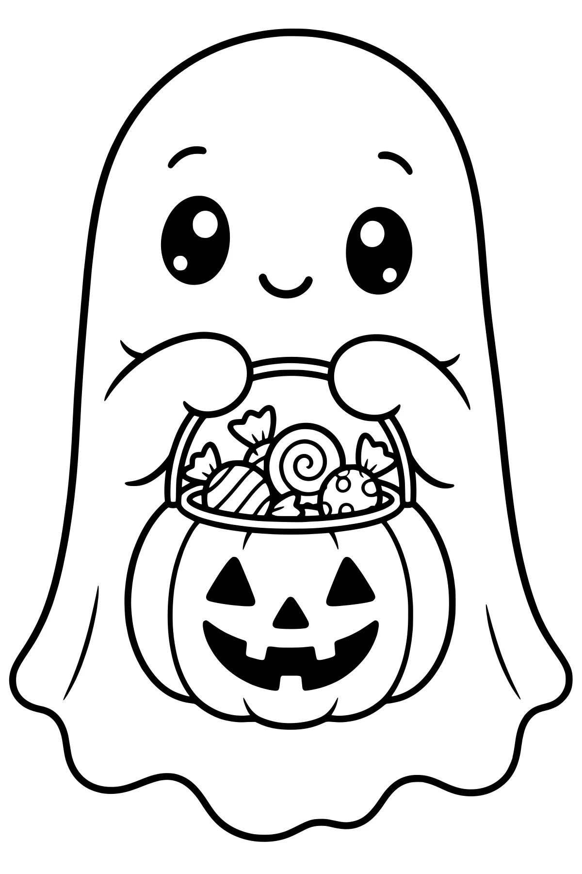 Kawaii ghost with large sparkling eyes holding a pumpkin-shaped bucket filled with wrapped candy and a swirled lollipop.