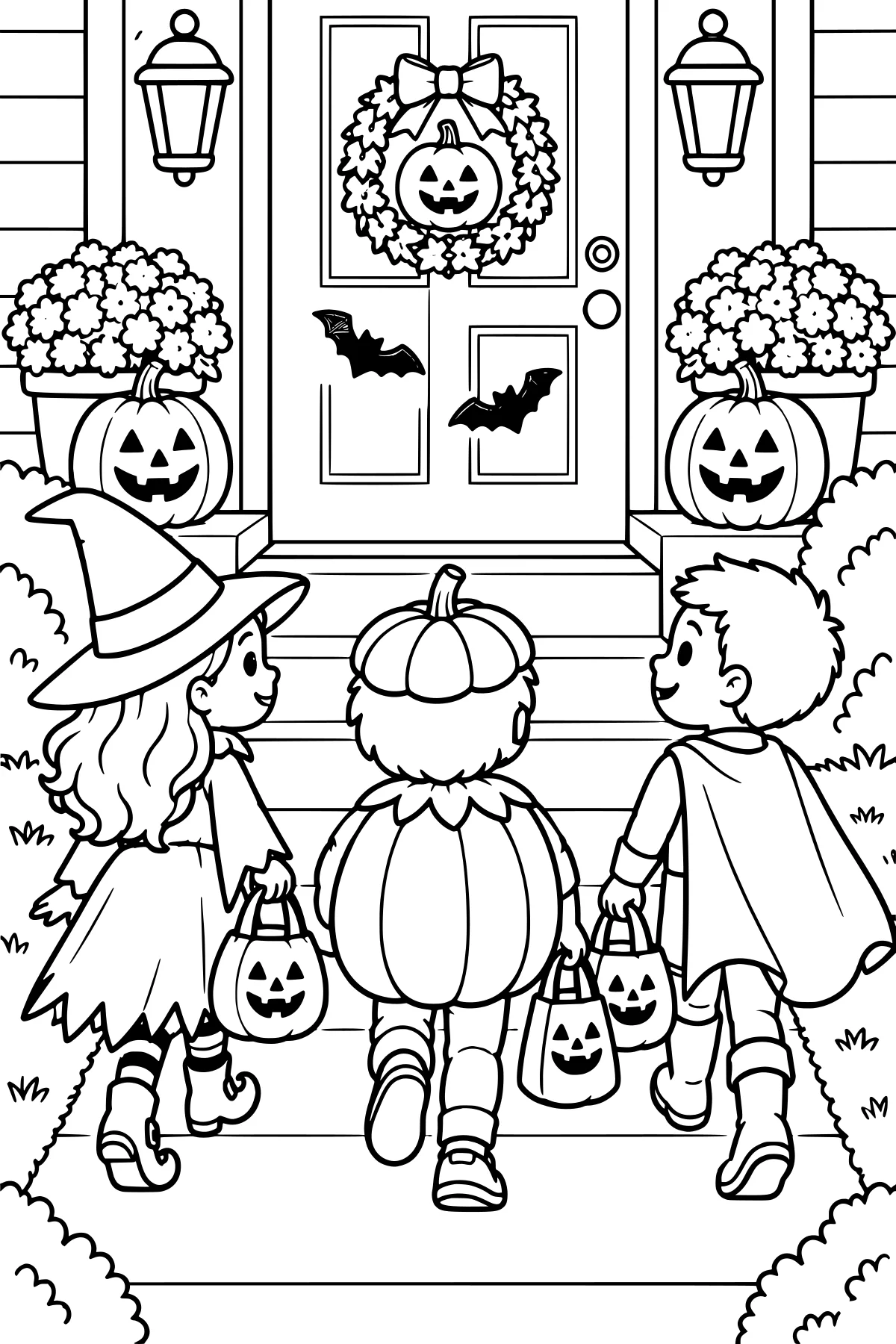Costumed children carrying jack-o'-lantern bags approach a front door decorated with a pumpkin wreath and bats, with pumpkins, flowers, lanterns, and shrubs around the porch.