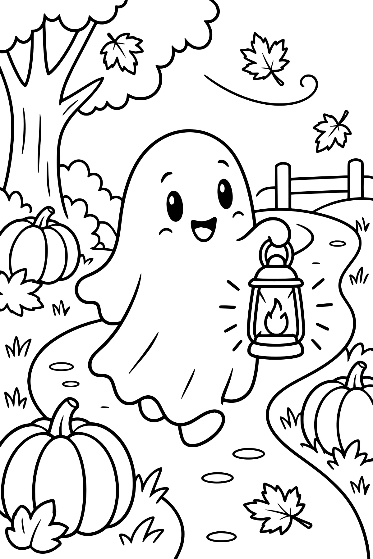Little ghost carrying a lantern on a winding autumn path with pumpkins, falling leaves, a tree, grass, and a fence.