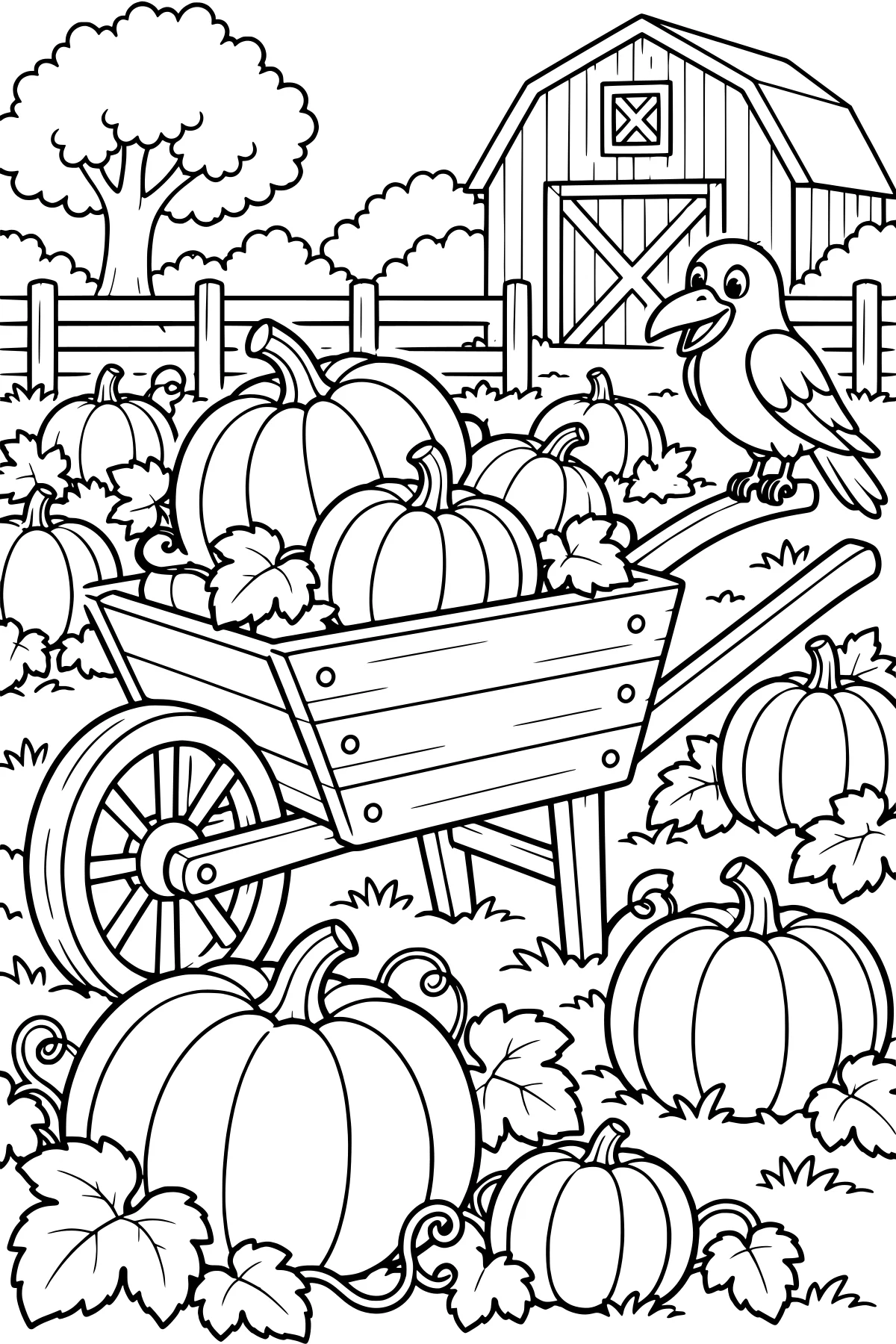 Pumpkin-filled wheelbarrow with a perched crow in a patch surrounded by vines, leaves, a fence, barn, bushes, and tree.