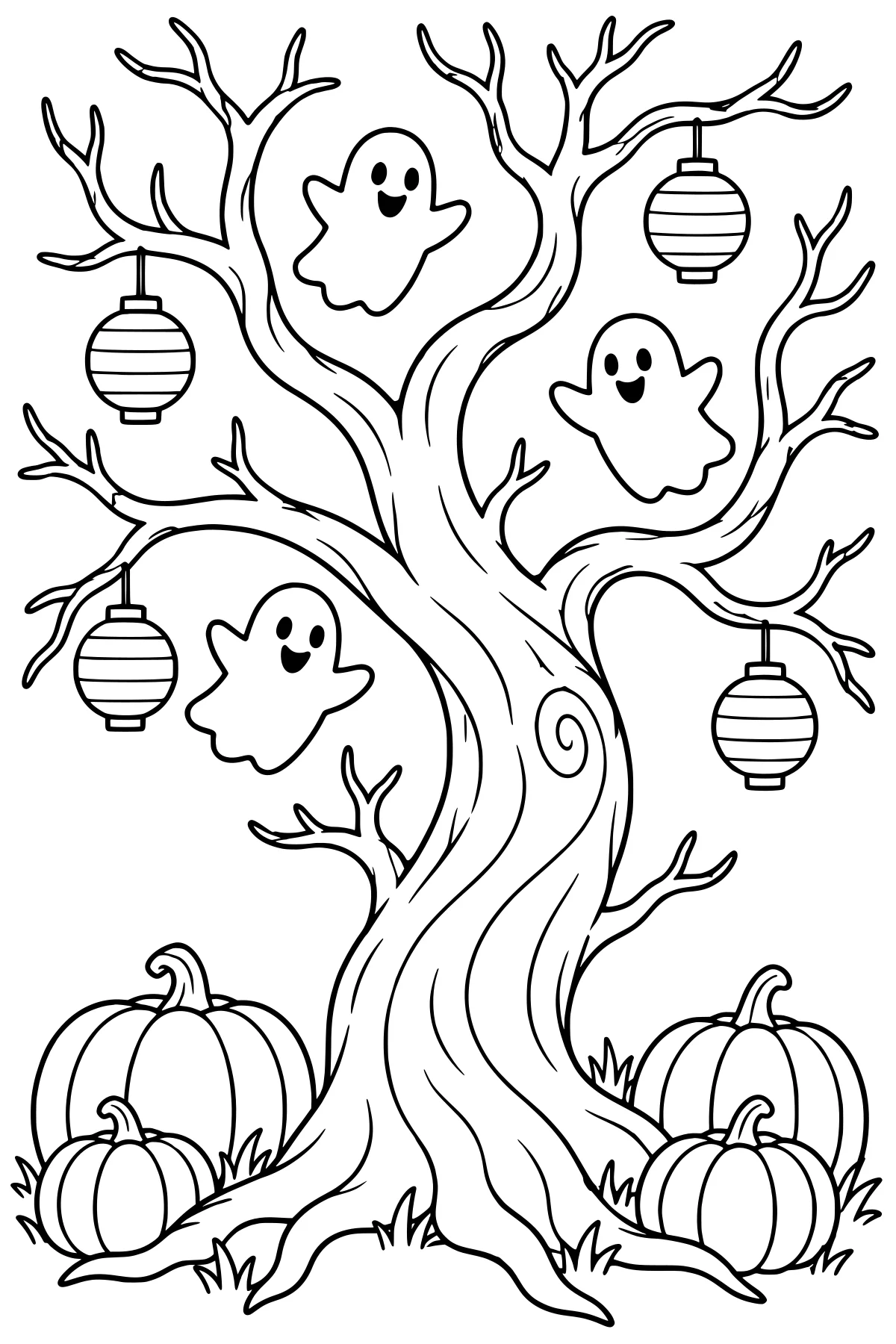 Twisting leafless tree with hanging striped lanterns, floating ghosts, pumpkins, grass, exposed roots, and a spiral detail on the trunk.