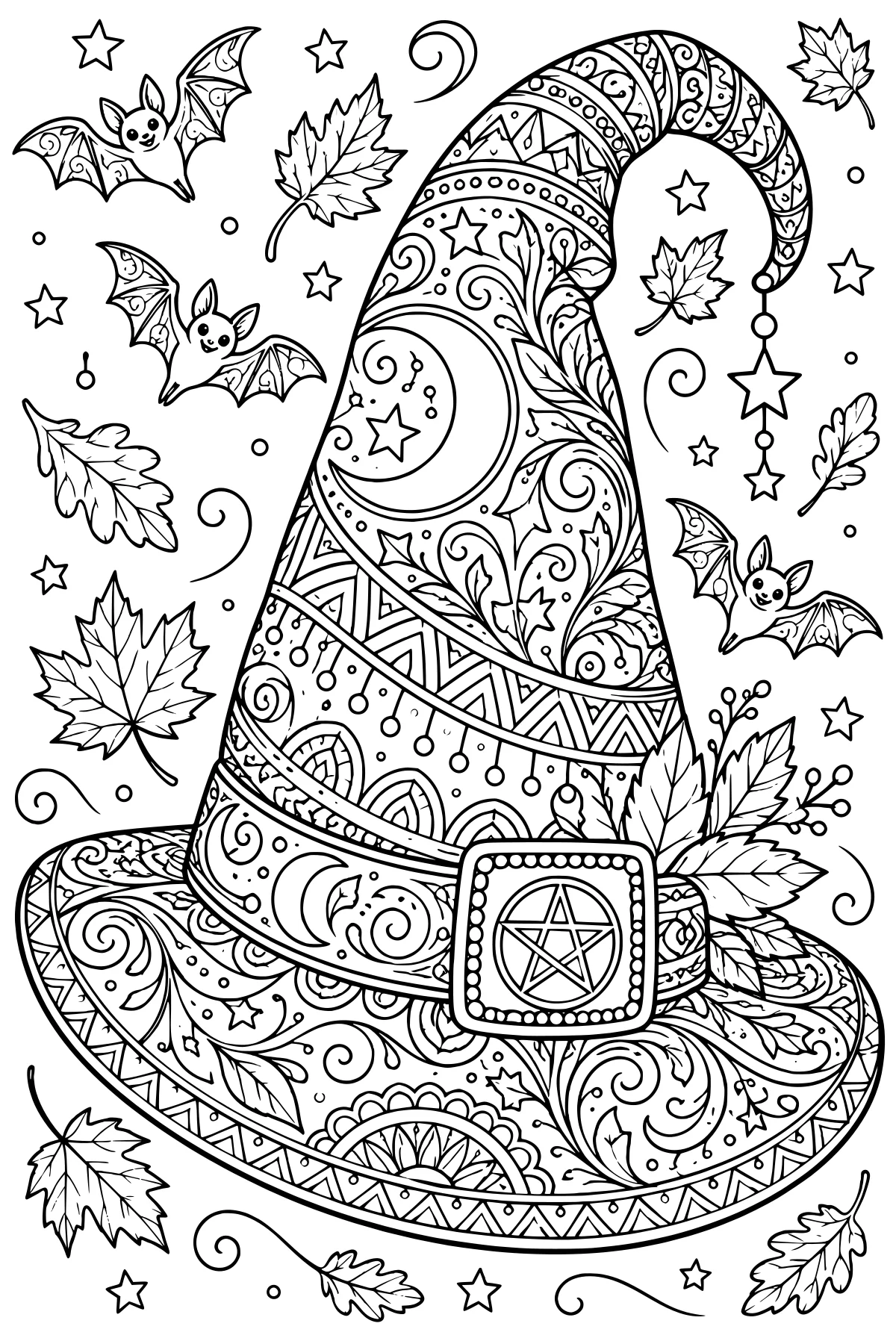 Tall patterned witch hat with a pentagram buckle, surrounded by bats, autumn leaves, stars, a crescent moon, and hanging ornaments.