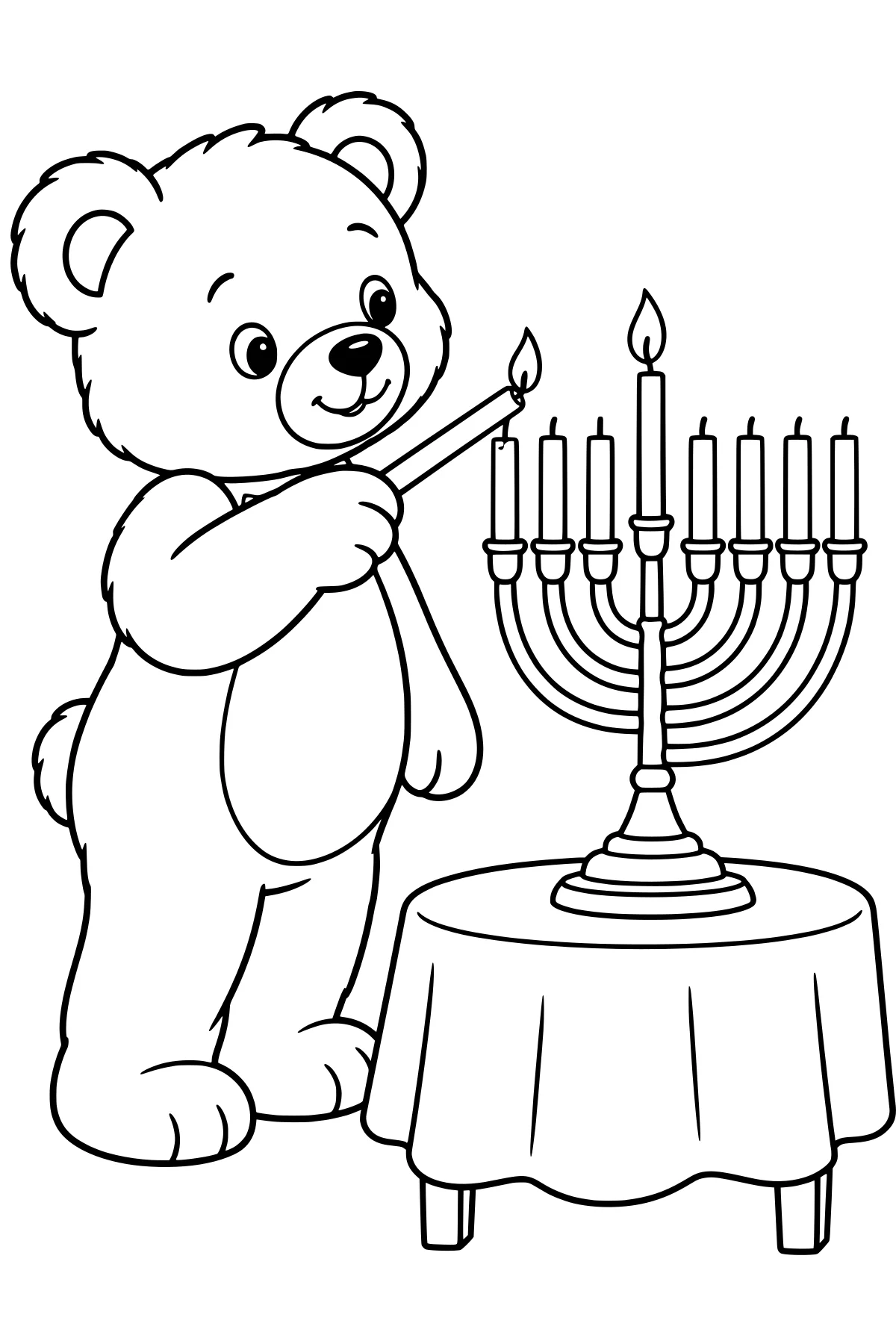 Bear holding a lit candle beside a menorah with curved branches and flames on a round, cloth-covered table.