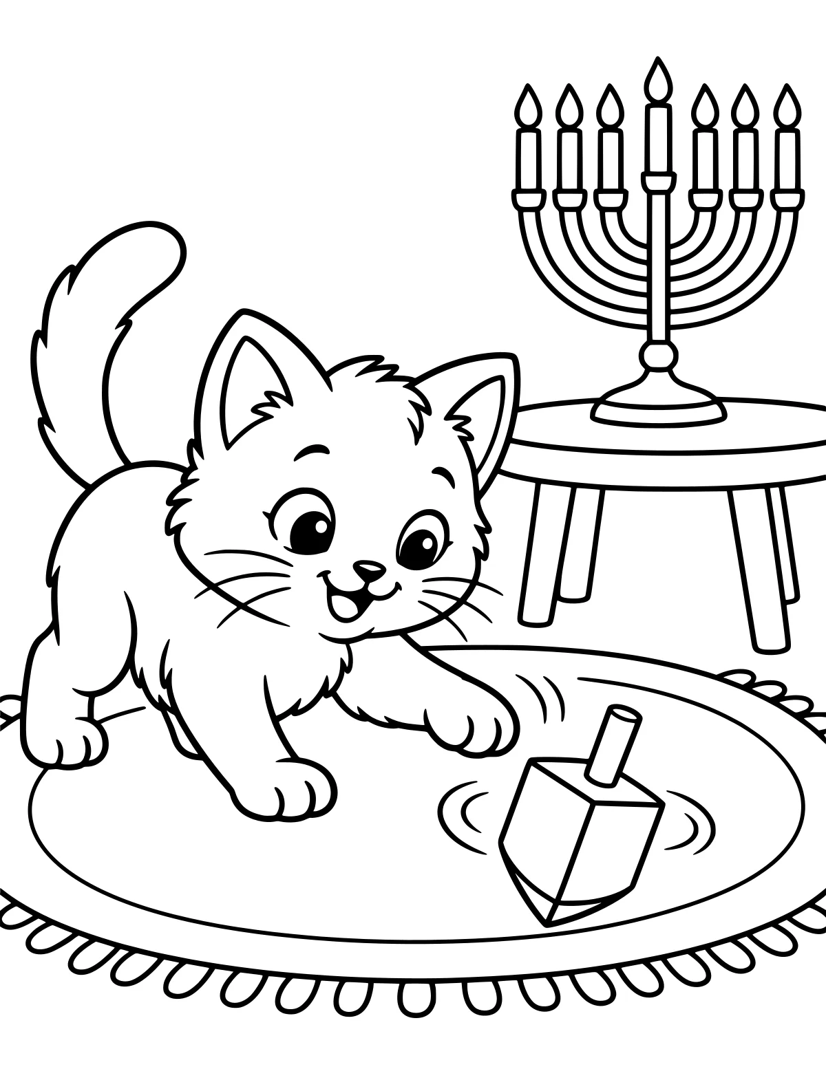 A fluffy cat reaches toward a spinning dreidel on an oval fringed rug, with a low table and a lit branched candleholder in the background.