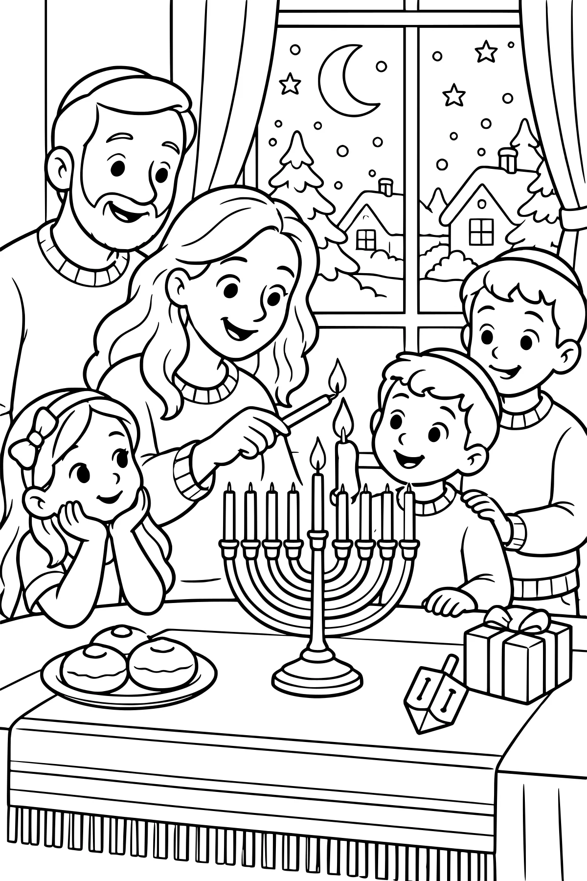 A family gathered at a table as a member lights a menorah, with pastries, dreidels, a wrapped gift, and a snowy night visible through the window.