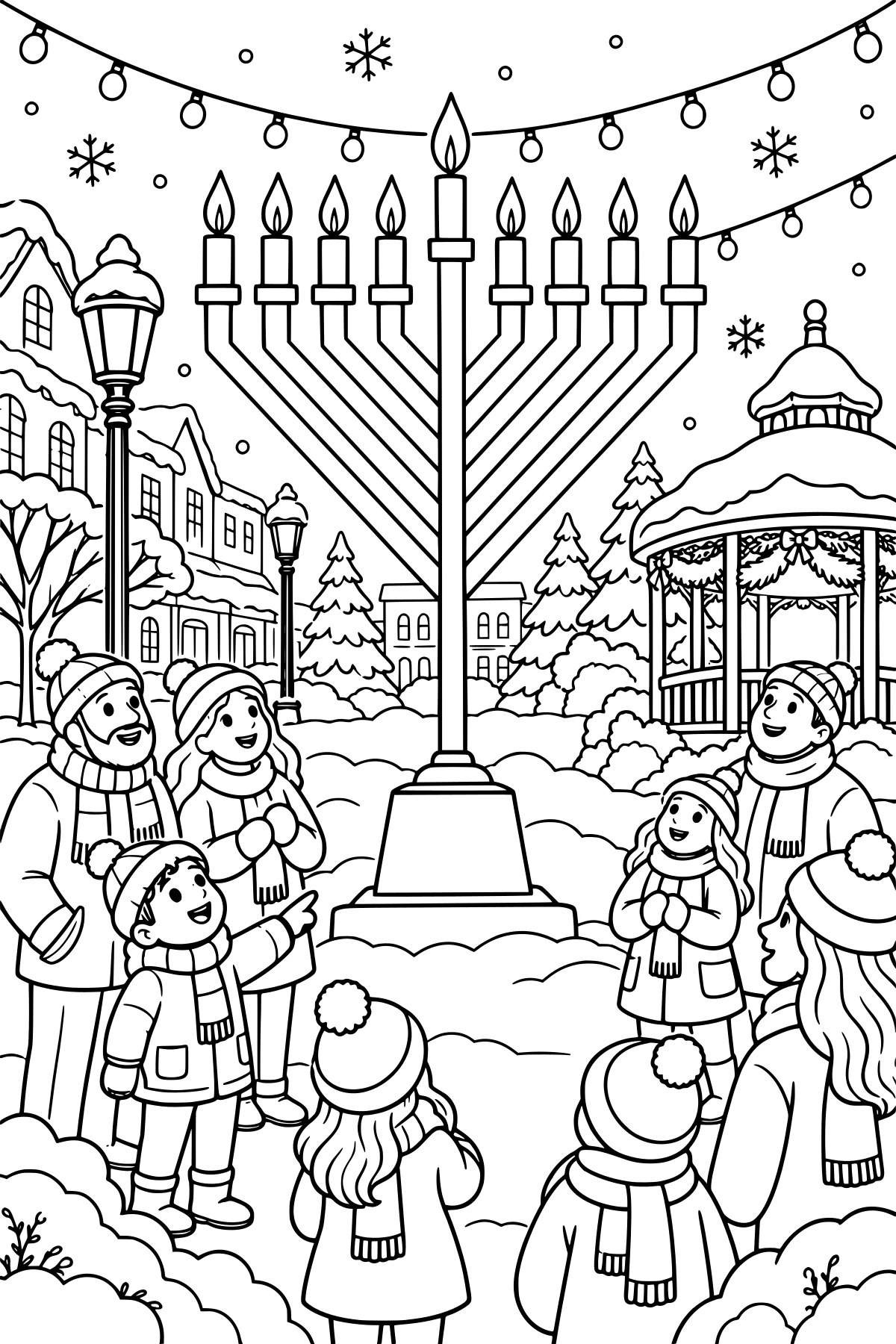 Giant menorah with burning candles in a snowy town square surrounded by buildings, evergreen trees, streetlamps, a gazebo, hanging lights, and bundled figures.