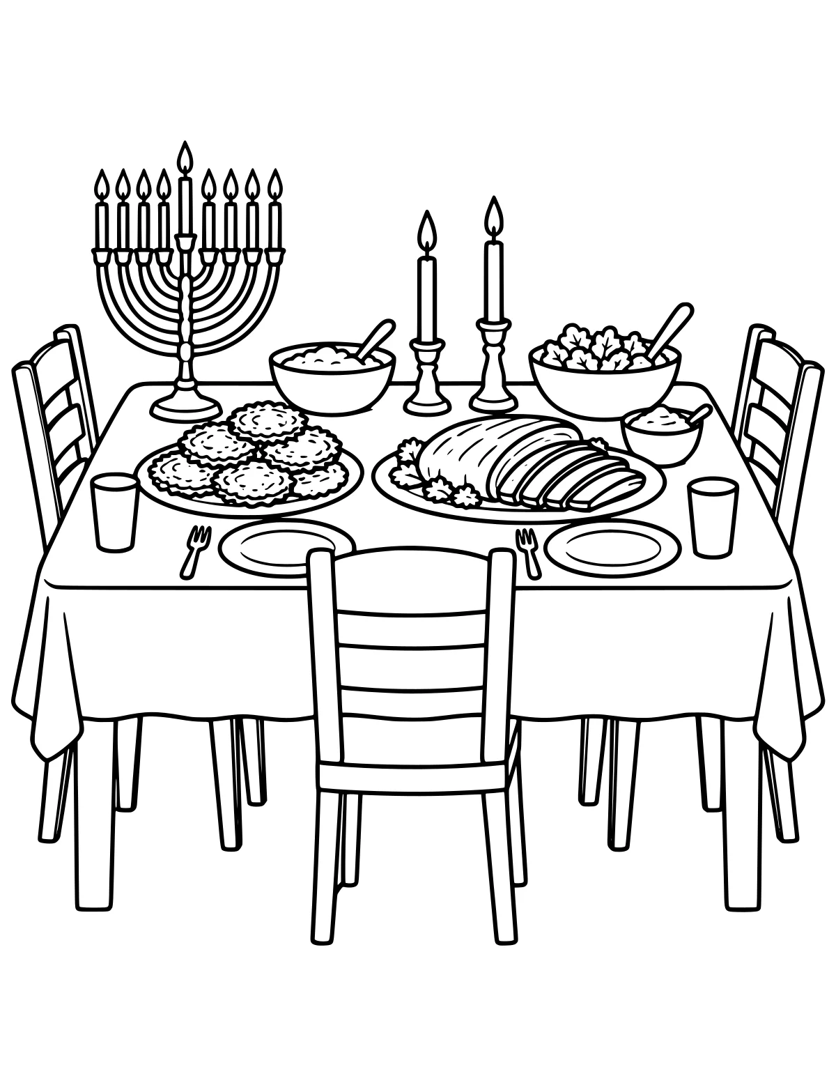 Hanukkah dinner table with a lit menorah, tall candles, serving bowls, platters, place settings, a tablecloth, and surrounding chairs.