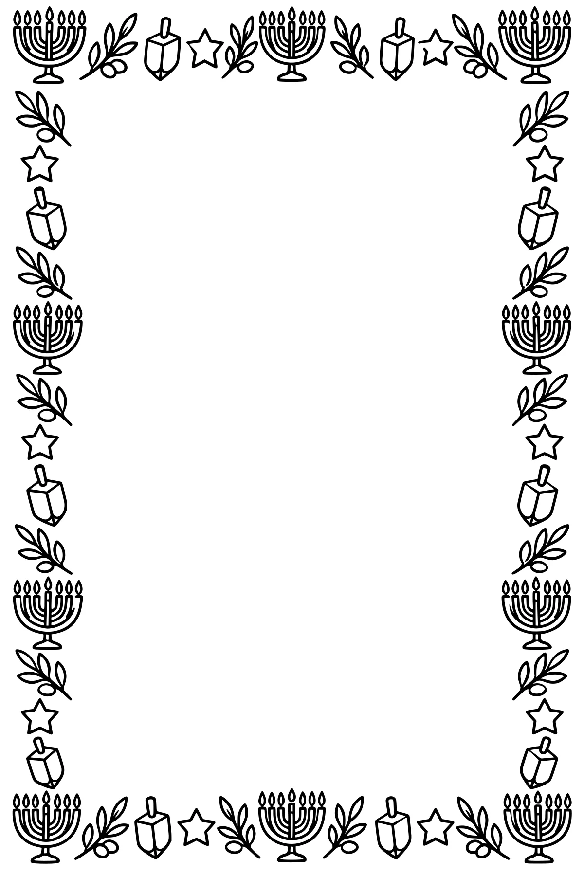 Rectangular line-art frame of menorahs, dreidels, stars, and leafy sprigs surrounding a large blank center.