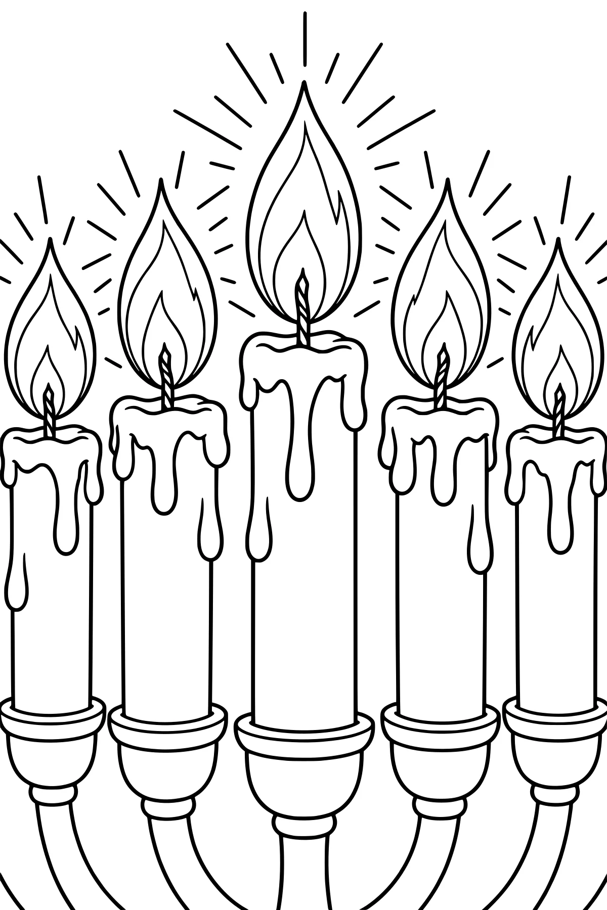 Close-up line art of menorah candles with large flames, wicks, dripping wax, radiating light lines, curved branches, and rounded holders.
