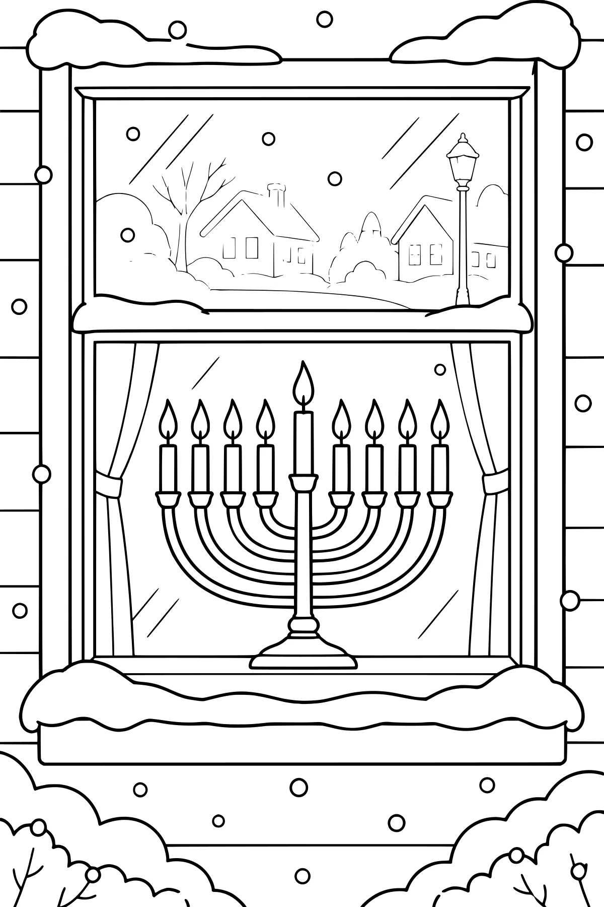 Lit menorah behind a curtained window, with snow on the sill and a view of houses, a bare tree, falling snow, and a streetlamp.