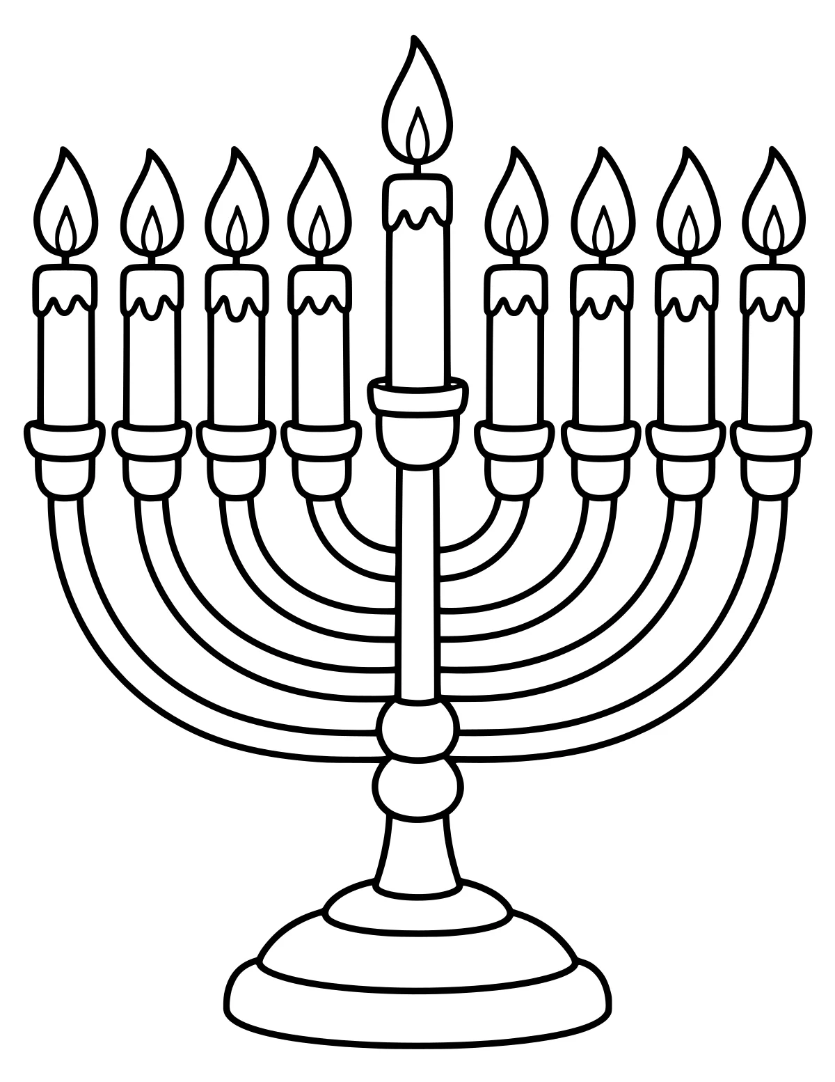 Menorah on a tiered base with curved branches, lit candles, wax drips, and a taller central candle.