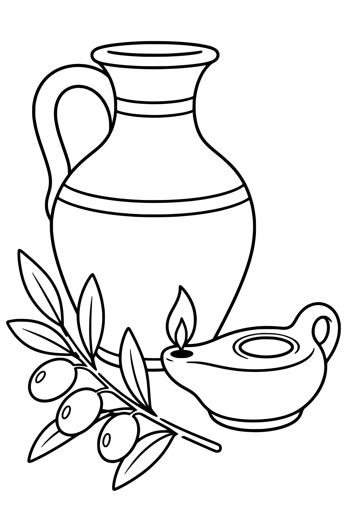 Large handled oil jug behind an olive branch with leaves and fruit, beside a small oil lamp with a flame.