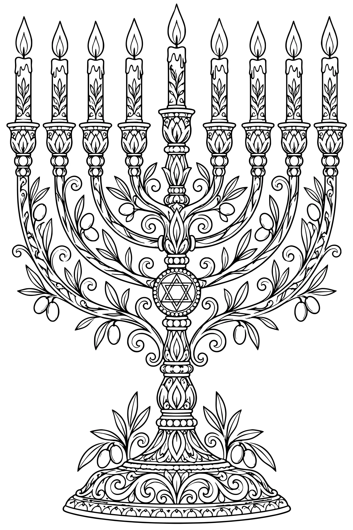 Ornate menorah with lit candles, curling branches, leafy vines, oval fruits, floral scrollwork, and a central six-pointed star above a decorated base.