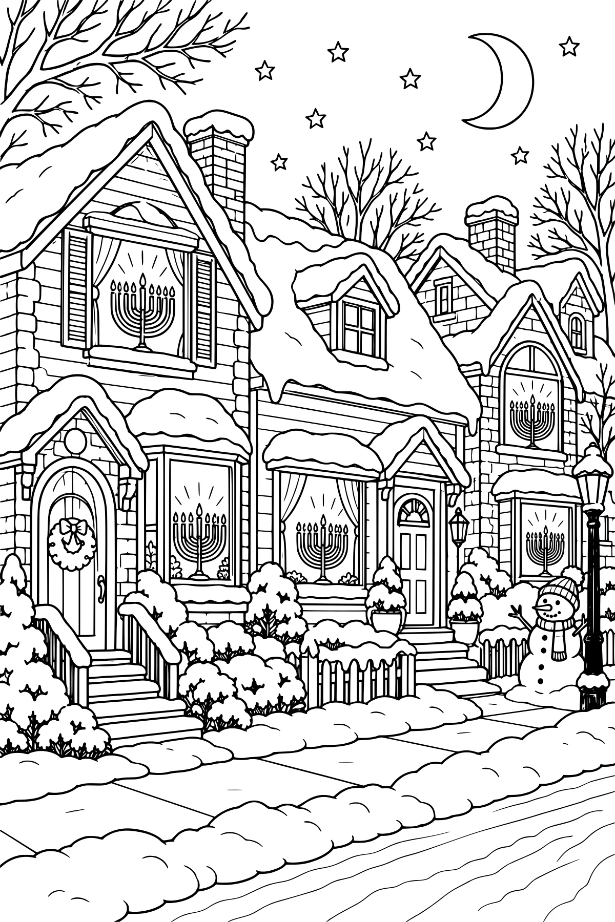 Snow-covered houses with menorahs shining in windows, steep roofs, bare trees, chimneys, streetlamps, a crescent moon, stars, shrubs, fences, and deep snow along the street.