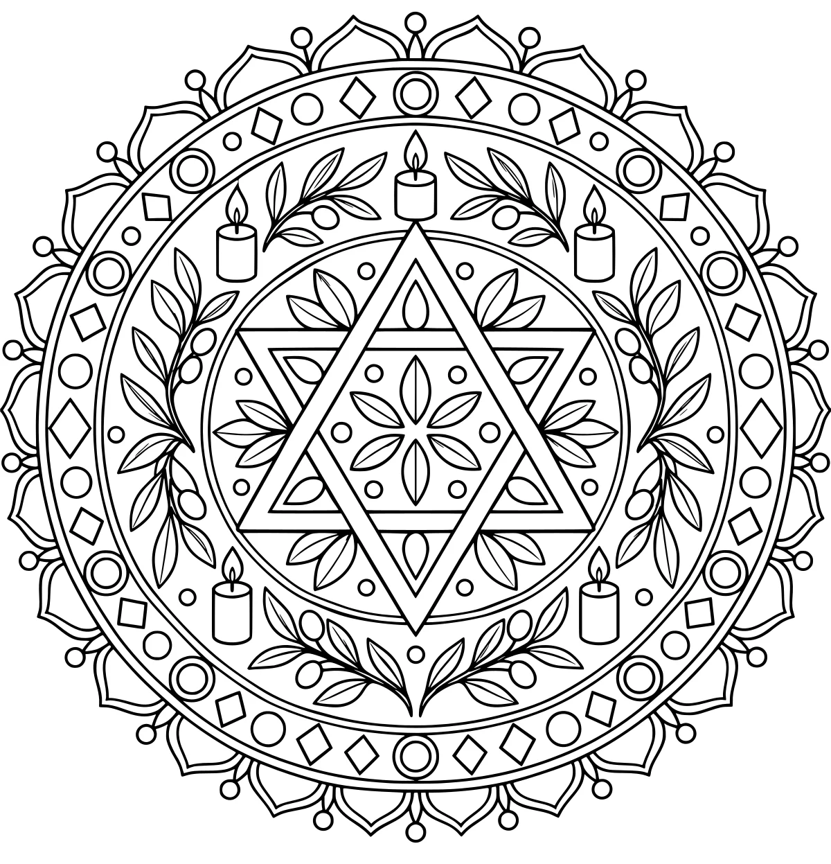 Star of David within a circular mandala of candles, leafy branches, floral shapes, diamonds, dots, and ornamental borders.