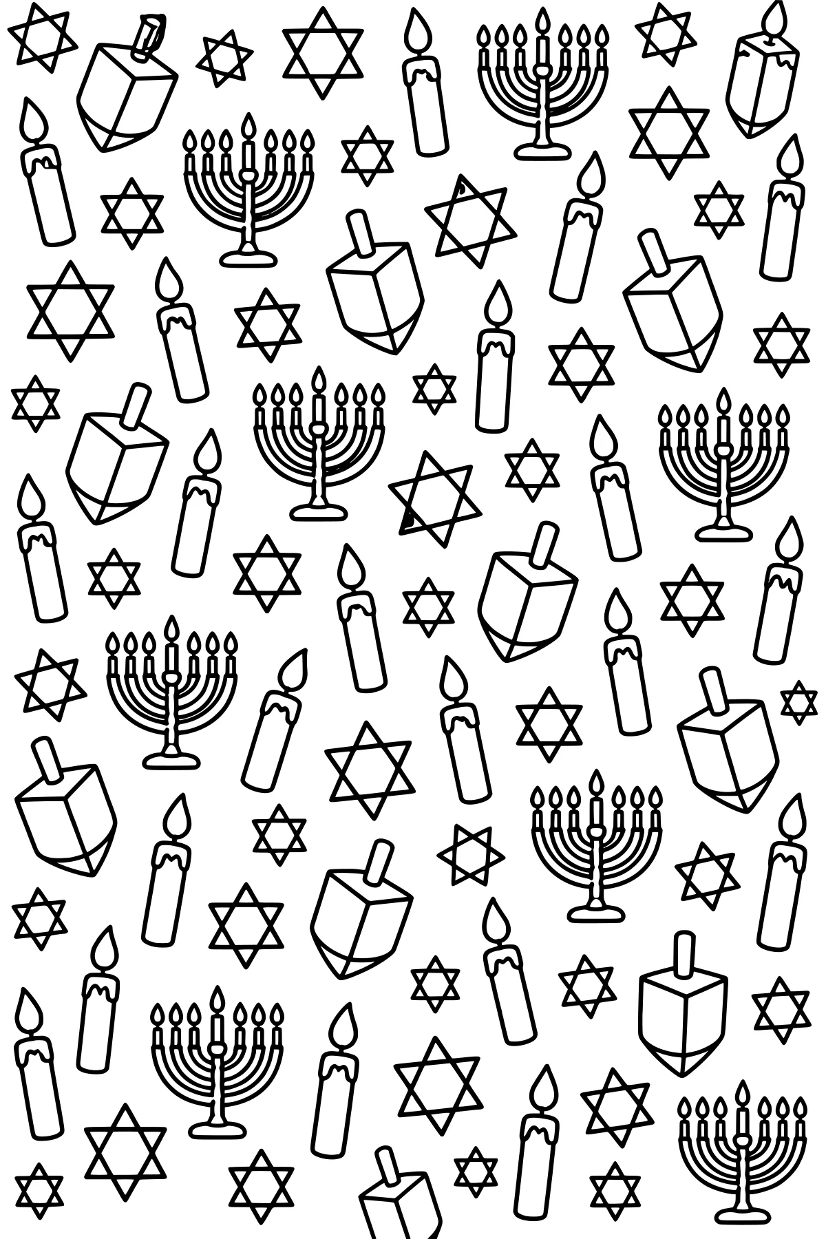 Repeating line-art pattern of outlined stars, dreidels, burning candles, and branched menorahs with flames.