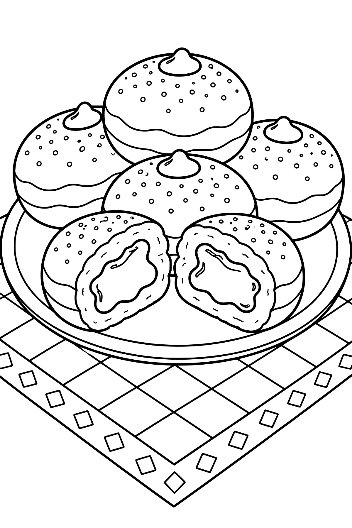 Plate piled with round sufganiyot topped with sprinkles and dollops, with a cut-open pastry in front showing its filling, set on a diamond-patterned cloth.