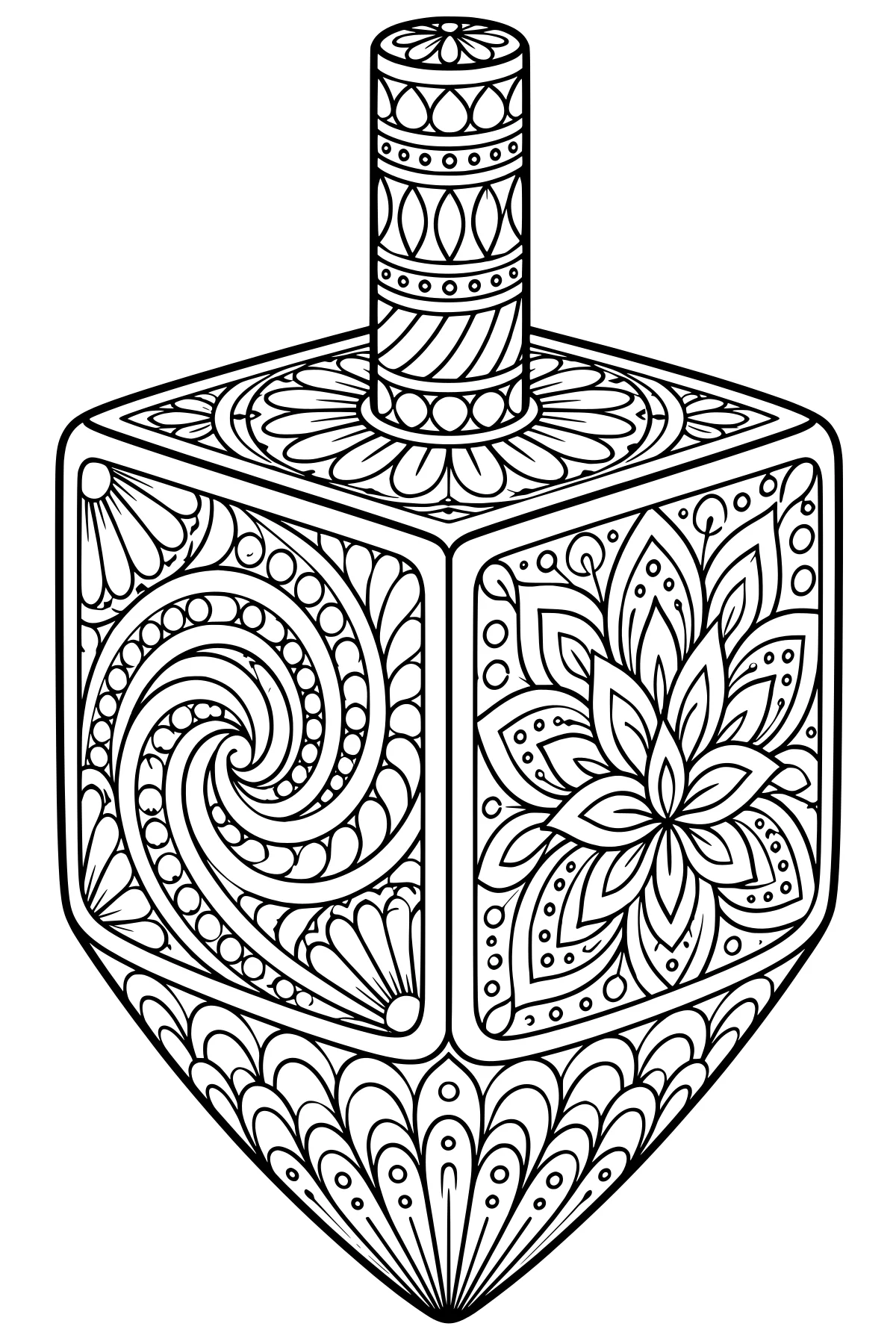 Ornate dreidel with a cylindrical handle, floral panel, swirling panel, dotted bands, scalloped base and pointed tip.