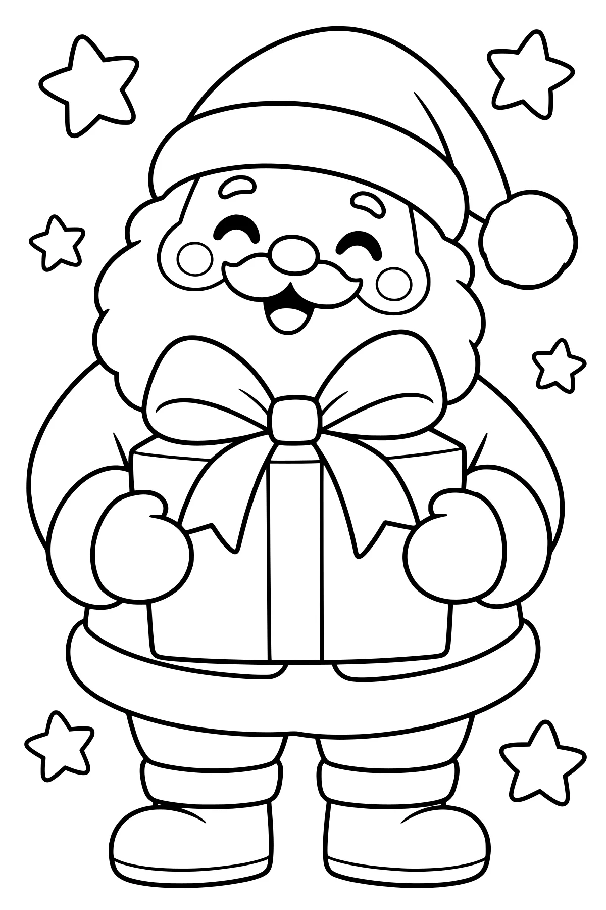 Kawaii Santa holding a large gift with a wide bow, surrounded by stars and wearing a pom-pom hat, mittens, a trimmed coat, and boots.