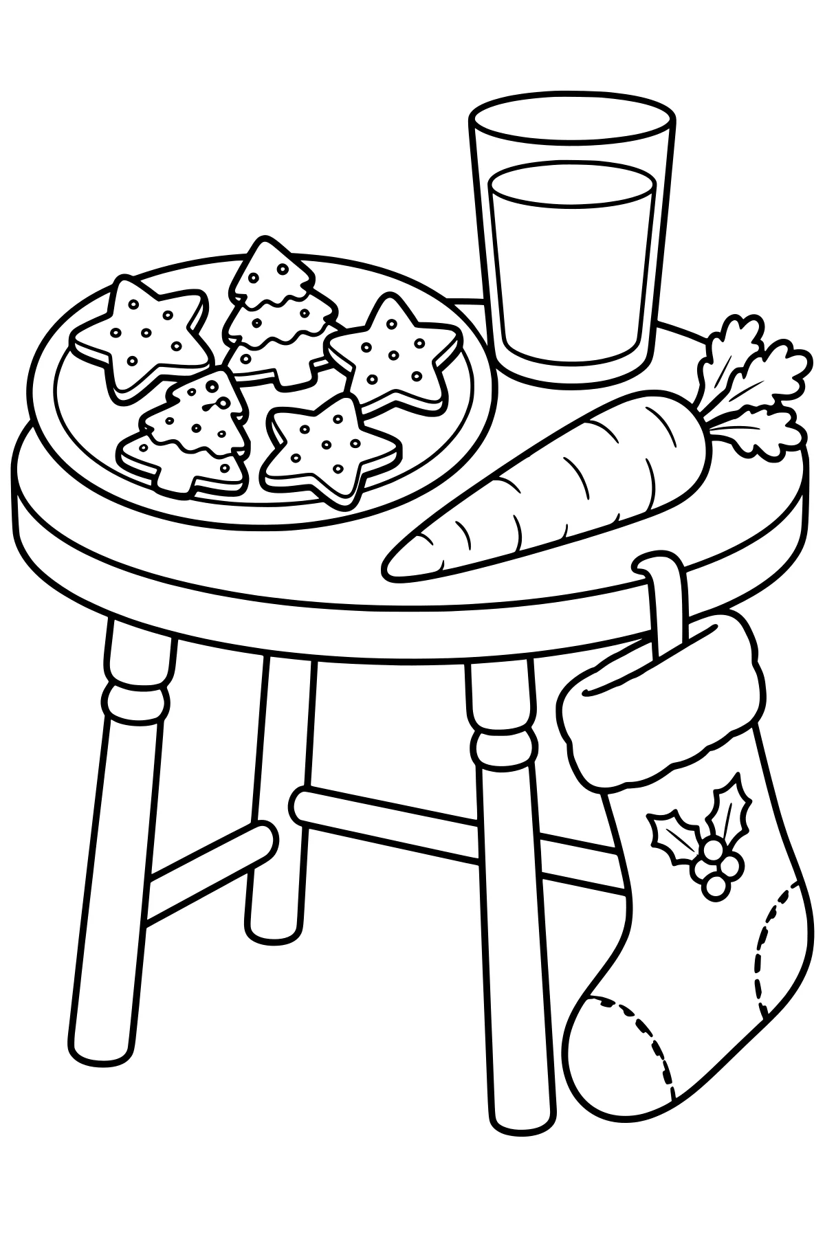 Star- and tree-shaped cookies, a glass of milk, and a carrot on a round stool with a holly-decorated stocking hanging from the edge.