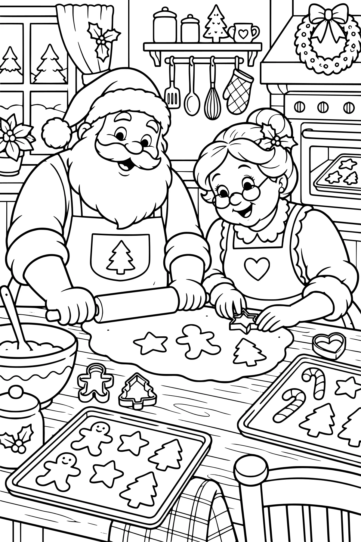 Santa rolls cookie dough while Mrs. Claus uses a star cutter at a kitchen table surrounded by shaped cookies, baking trays, utensils, shelves, and holiday decorations.