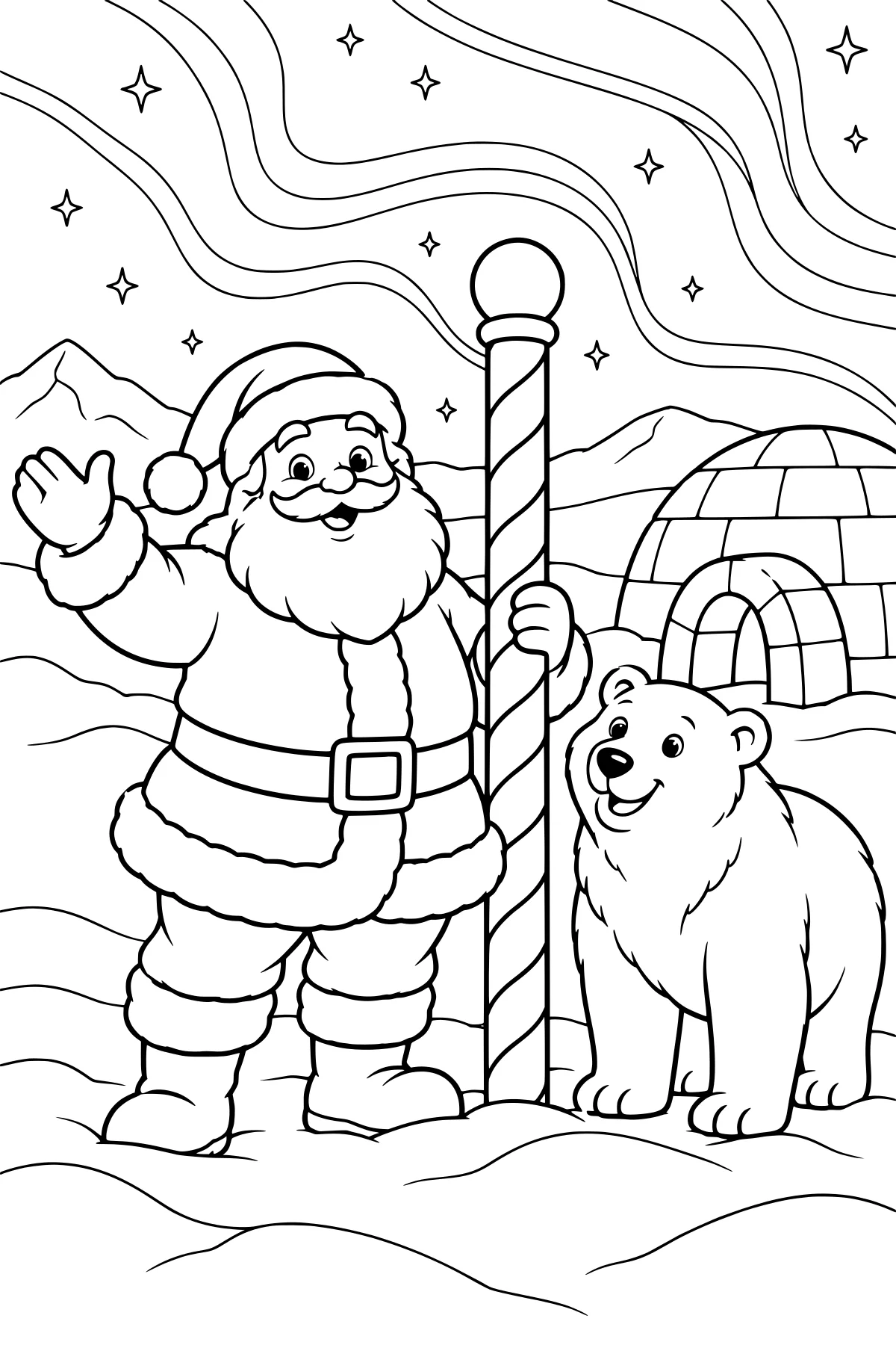 Santa waving beside a striped pole, a bear, and an igloo in a snowy landscape with mountains, stars, and flowing sky bands.
