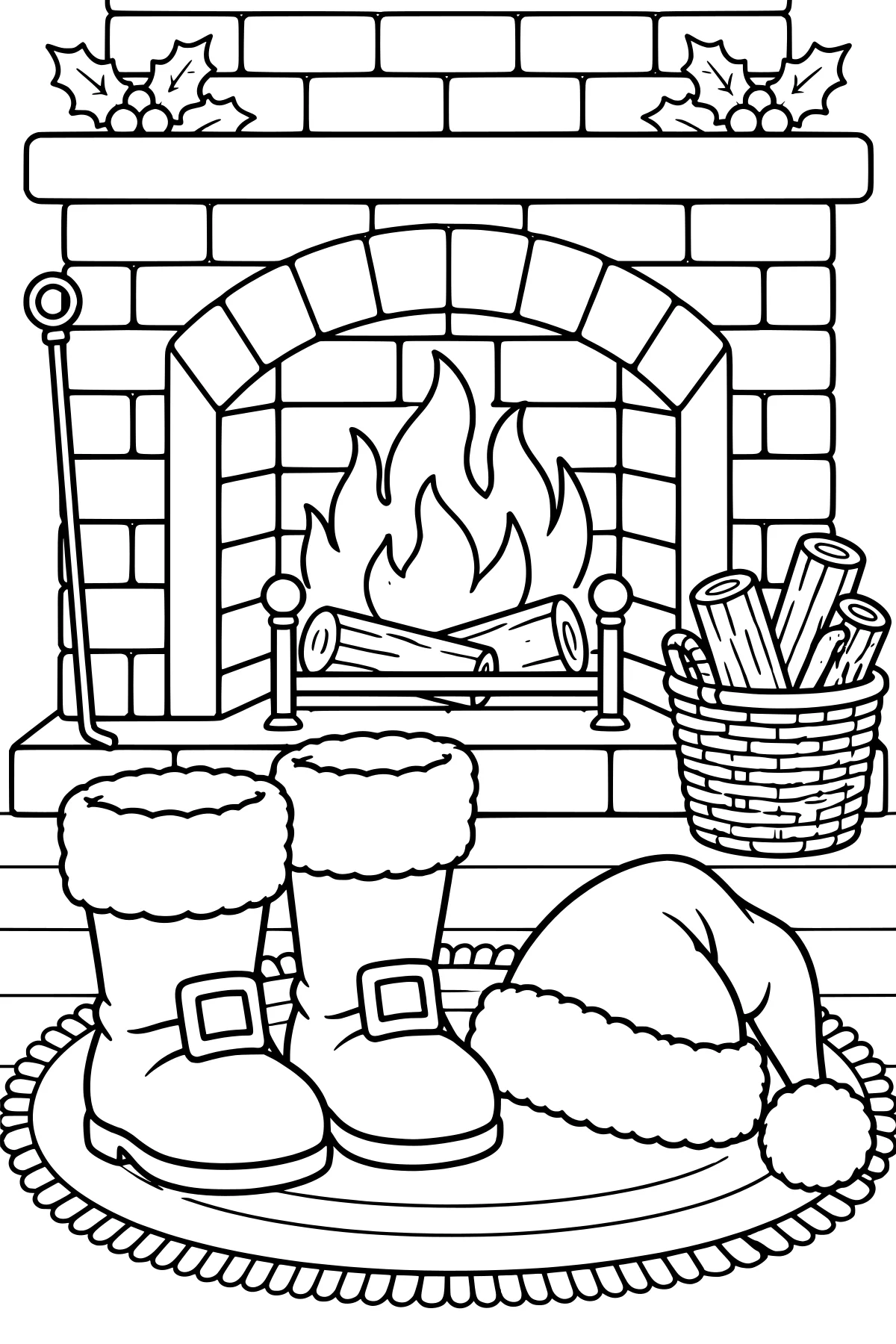Santa boots and a fluffy-trimmed hat on a round rug in front of a brick fireplace, with burning logs, mantel holly, fireplace tools, and a basket of firewood.