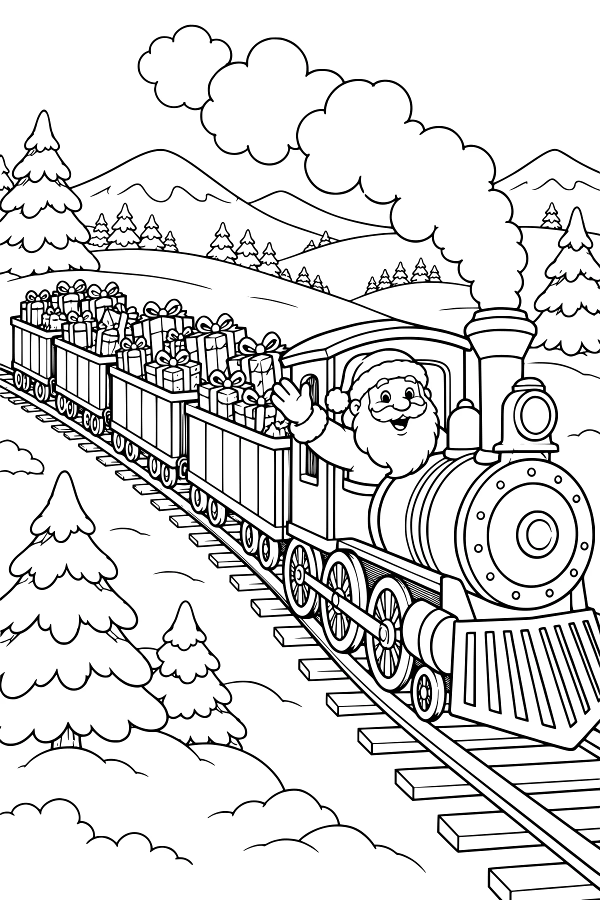 Santa waving from a steam train loaded with wrapped gifts, traveling on tracks through snowy evergreen trees and mountains with smoke rising overhead.