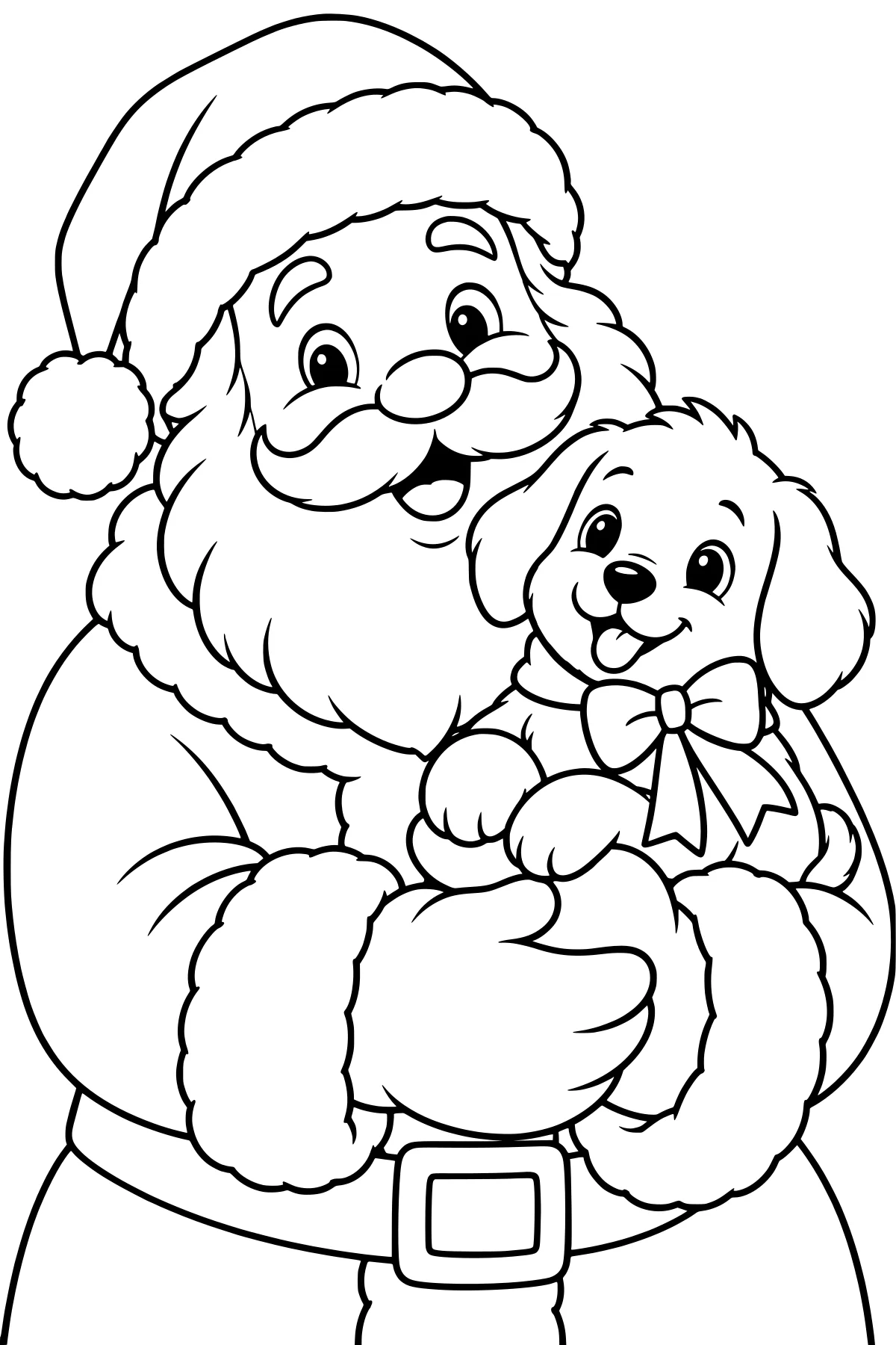 Santa in a fluffy hat and fur-trimmed coat holding a floppy-eared puppy wearing a large bow.
